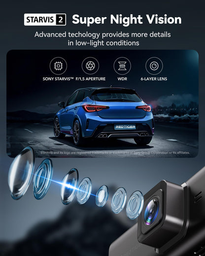 REDTIGER 4K Dash Cam Front and Rear, STARVIS 2 Sensor, Touch Screen 3.18", 128GB Card Included, Voice Control, 5.8GHz WiFi Car Dash Camera, GPS, Night Vision, Emergency Lock, Parking Mode (F7N Touch)