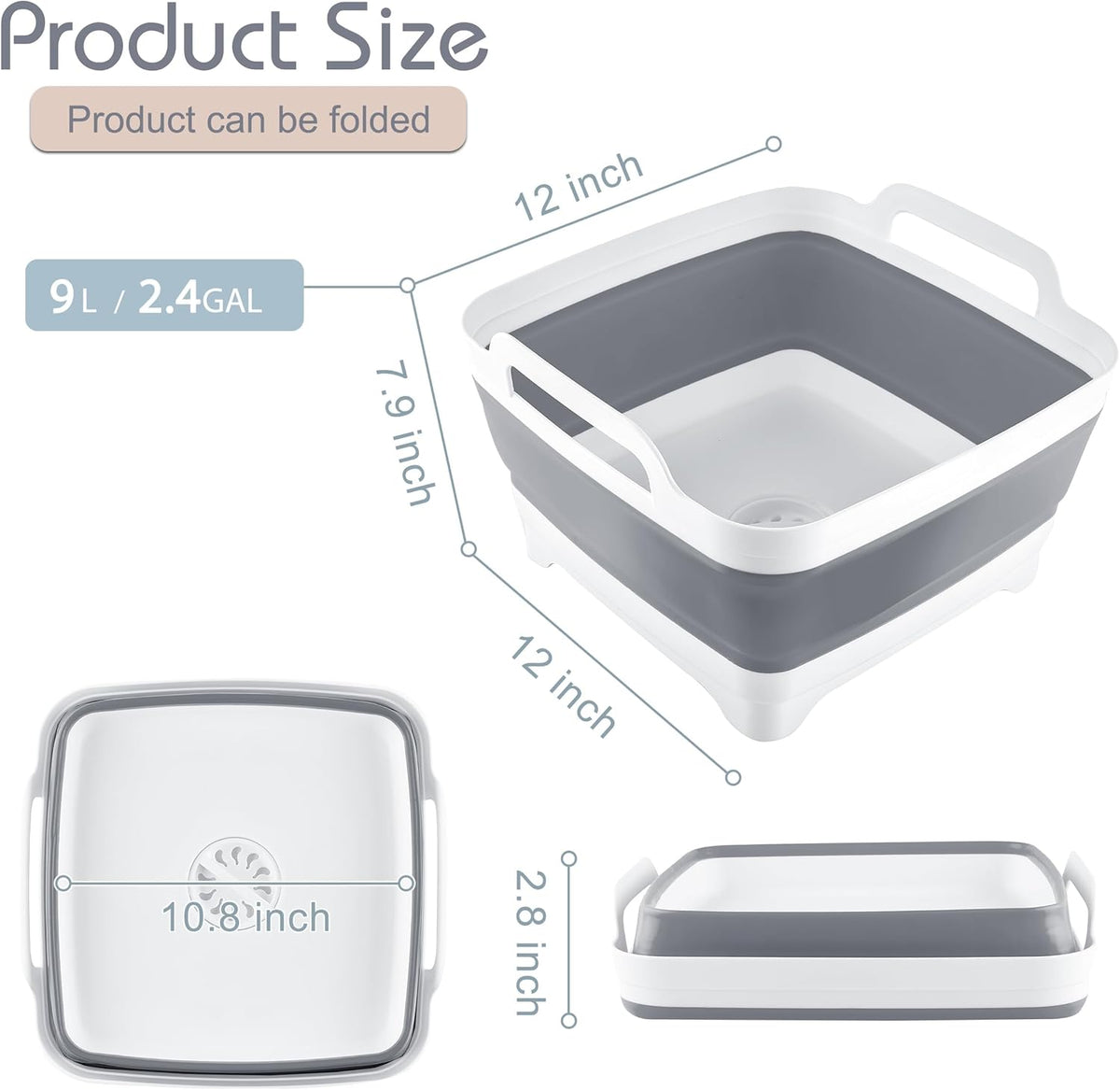 2.4 Gal(9L) Collapsible Dish Basin with Drain Plug, Space Saving Outdoor Multiuse Foldable Sink Tub, Dishpan, Kitchen Storage Tray for Camping, Vegetable Washing, RV (Gray)