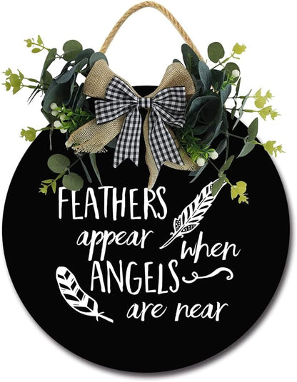 Angels Appear Front Door Sign Funny Wreaths Hanging Wooden Plaque Decoration Round Rustic Wood Farmhouse Porch Decor for Home Front Door Decor, 12 x 12 Inch