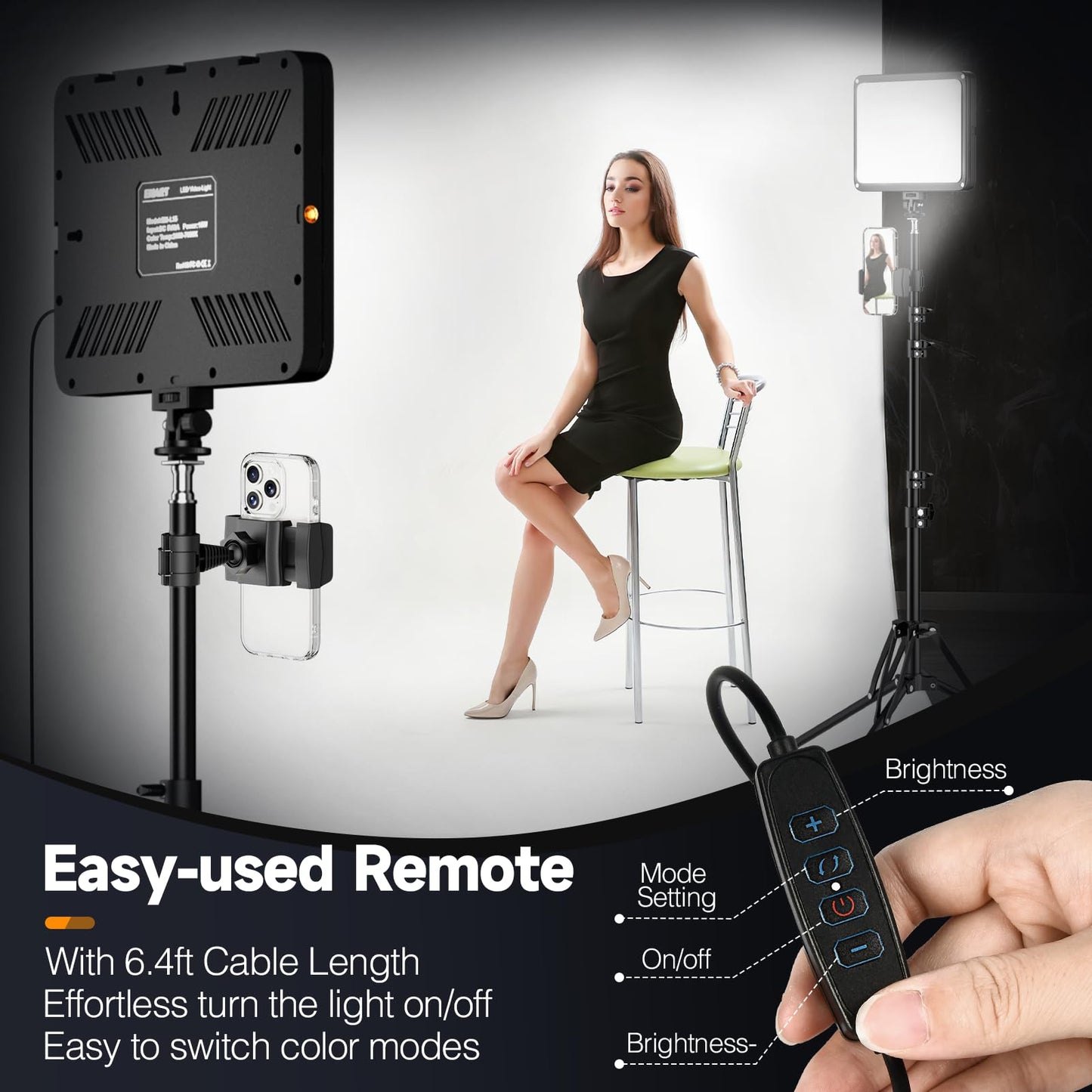 EMART LED Video Light Kit with Phone Holder & Barndoor, 2800-7000K Dimmable Studio Lights for Video Recording, 73'' Height for Live Streaming, YouTube, Vlog, Photography, Content, Podcast, 1-Pack
