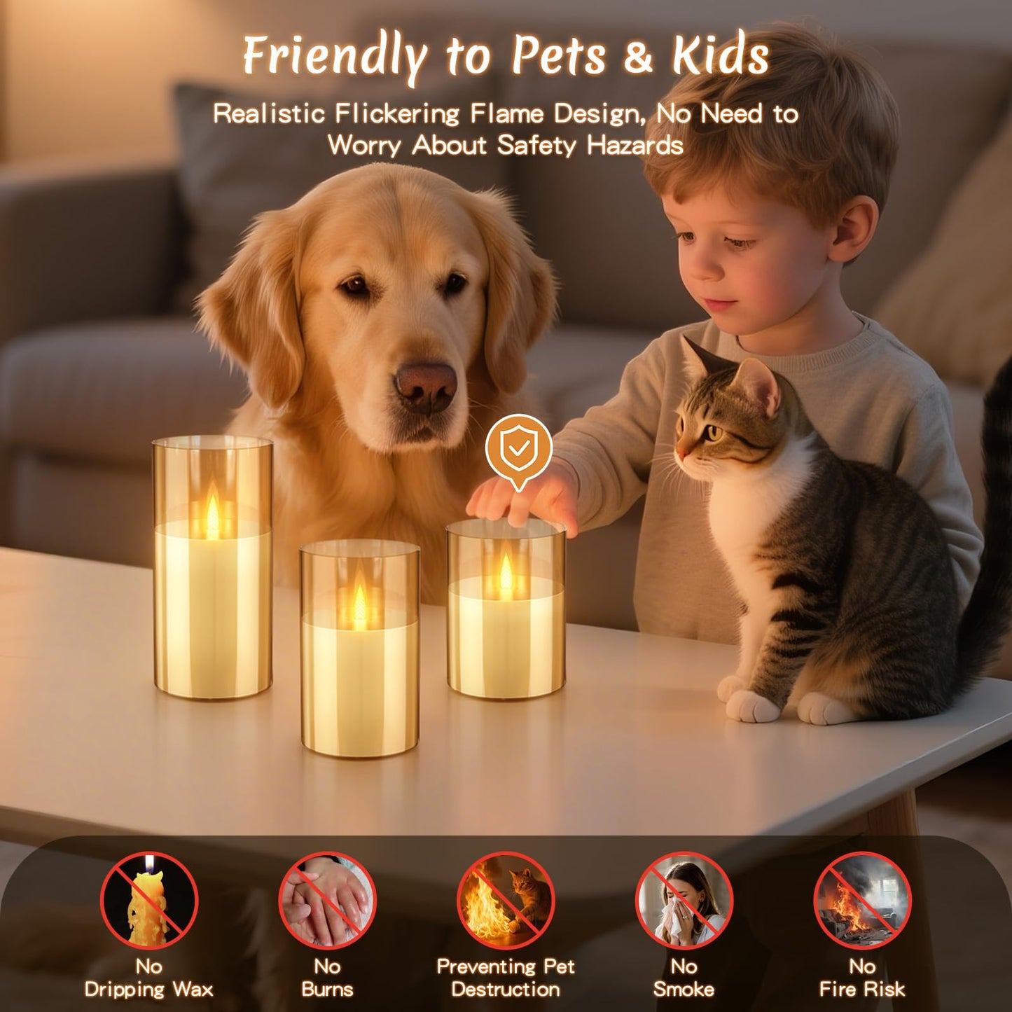 3PC Radar Motion Sensor Rechargeable Led Candles, Flameless Flickering Candle with Remote & Timer, Real Wax in Glass with Flickering Warm Light for Festival, Bedroom, christmas and party Decor-Amber
