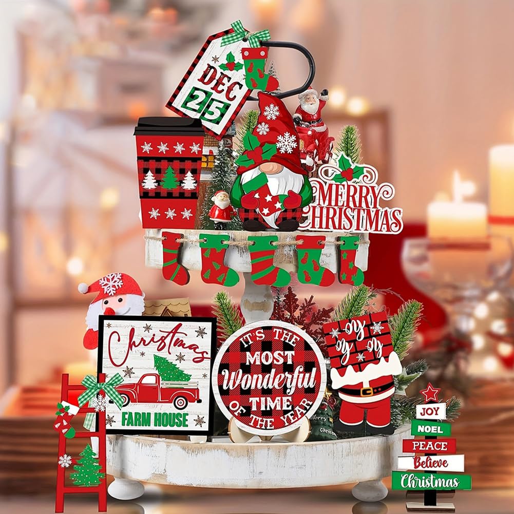 FRANDEK 14Pcs Christmas Tiered Tray Decoration Set, Wooden Winter Holiday Decor with Santa Gnome Sock Designs, Fireplace Mantel Centerpiece Decorations for Home Shelf Fireplace Kitchen Home Party