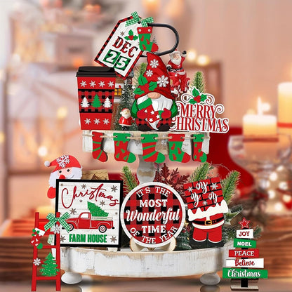 FRANDEK 14Pcs Christmas Tiered Tray Decoration Set, Wooden Winter Holiday Decor with Santa Gnome Sock Designs, Fireplace Mantel Centerpiece Decorations for Home Shelf Fireplace Kitchen Home Party