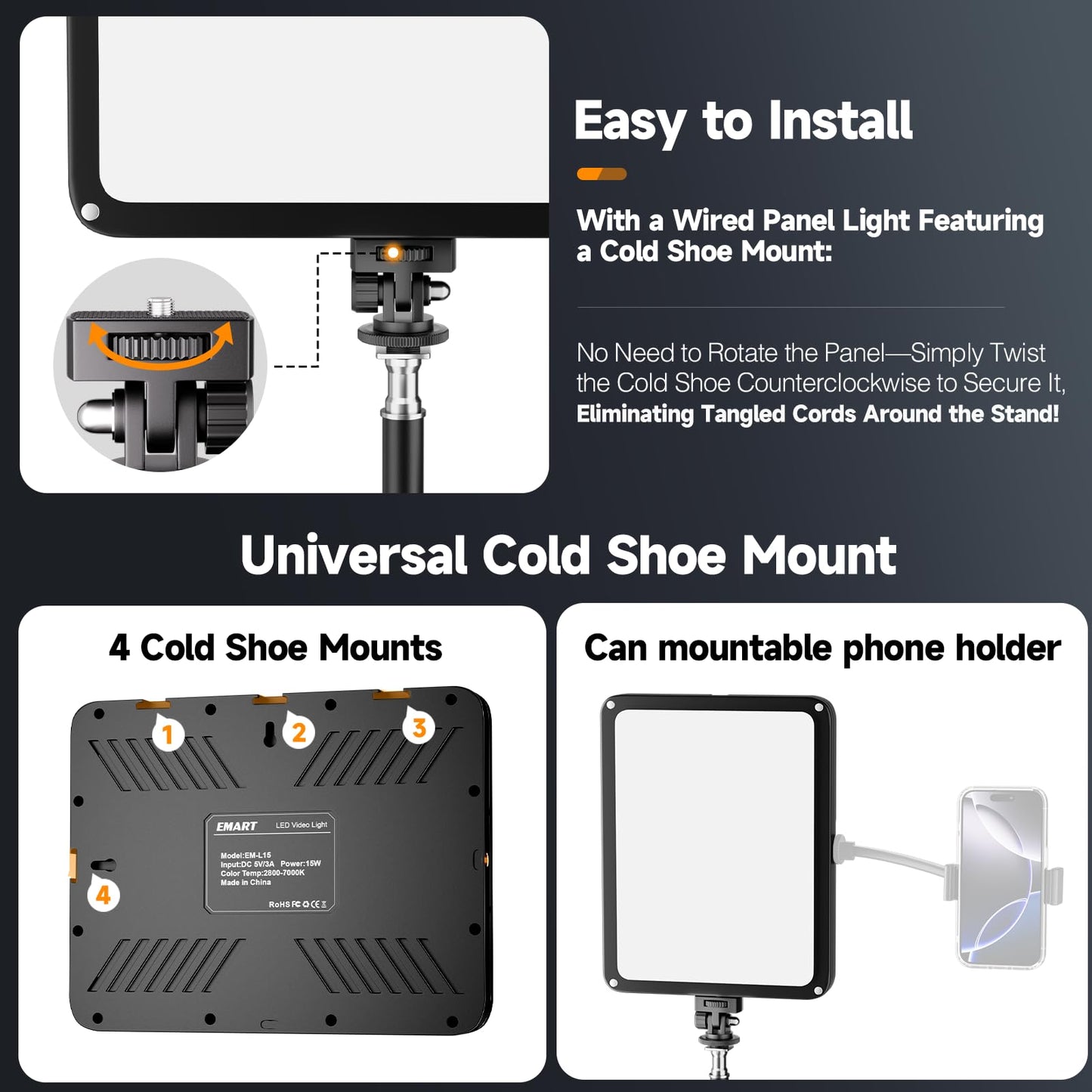 EMART LED Video Light Kit with Phone Holder & Barndoor, 2800-7000K Dimmable Studio Lights for Video Recording, 73'' Height for Live Streaming, YouTube, Vlog, Photography, Content, Podcast, 1-Pack