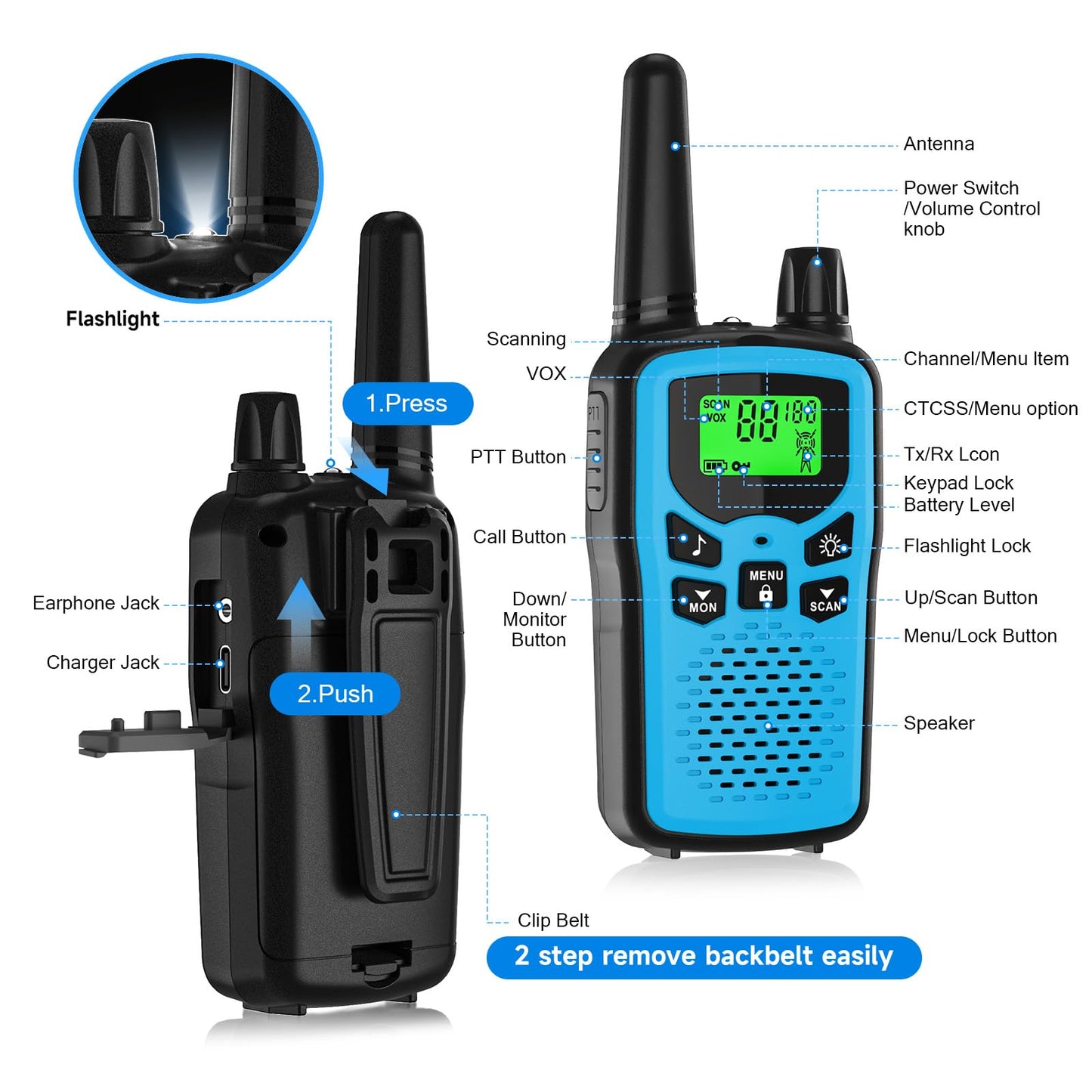 Rechargeable Walkie Talkies Long Range for Adults, Walky Talky VOX with 22 FRS Channels, 99 Privacy Codes Two Way Radio,1200mAh Li-ion Battery, for Camping Hiking Emergency (4 Pack Colorful)