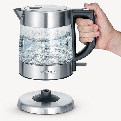 SEVERIN Glass Kettle, Powerful and Compact Kettle in High-Quality Design, Electric Kettle with Limescale Filter, Stainless Steel/Black, WK 3468, Kettle for 1 Litre