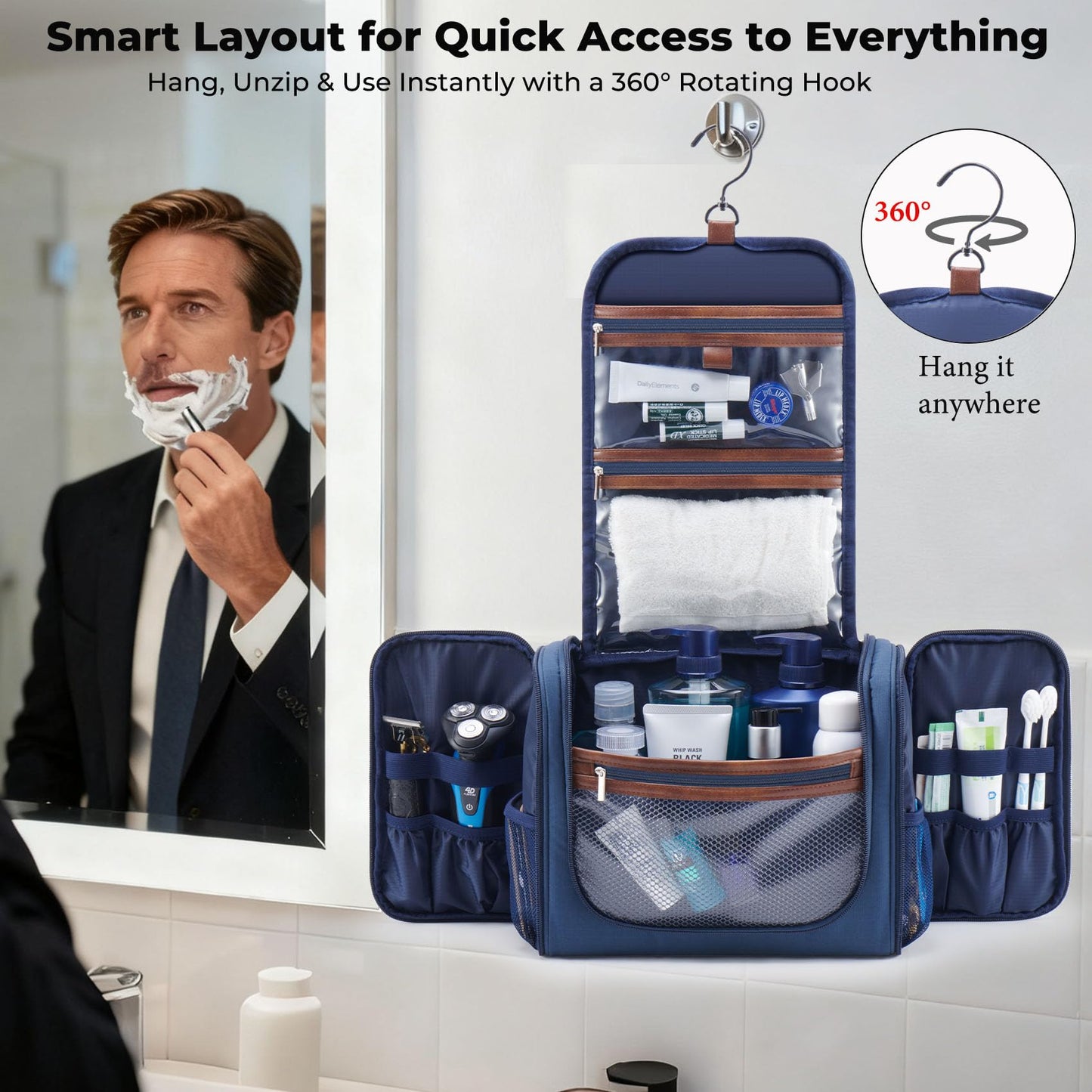 Ralnitote Large Hanging Toiletry Bag for Men, Travel Bathroom Bag with Hook, Hygiene Bag Organizer for Shower, Shaving & Grooming Essentials, Navy