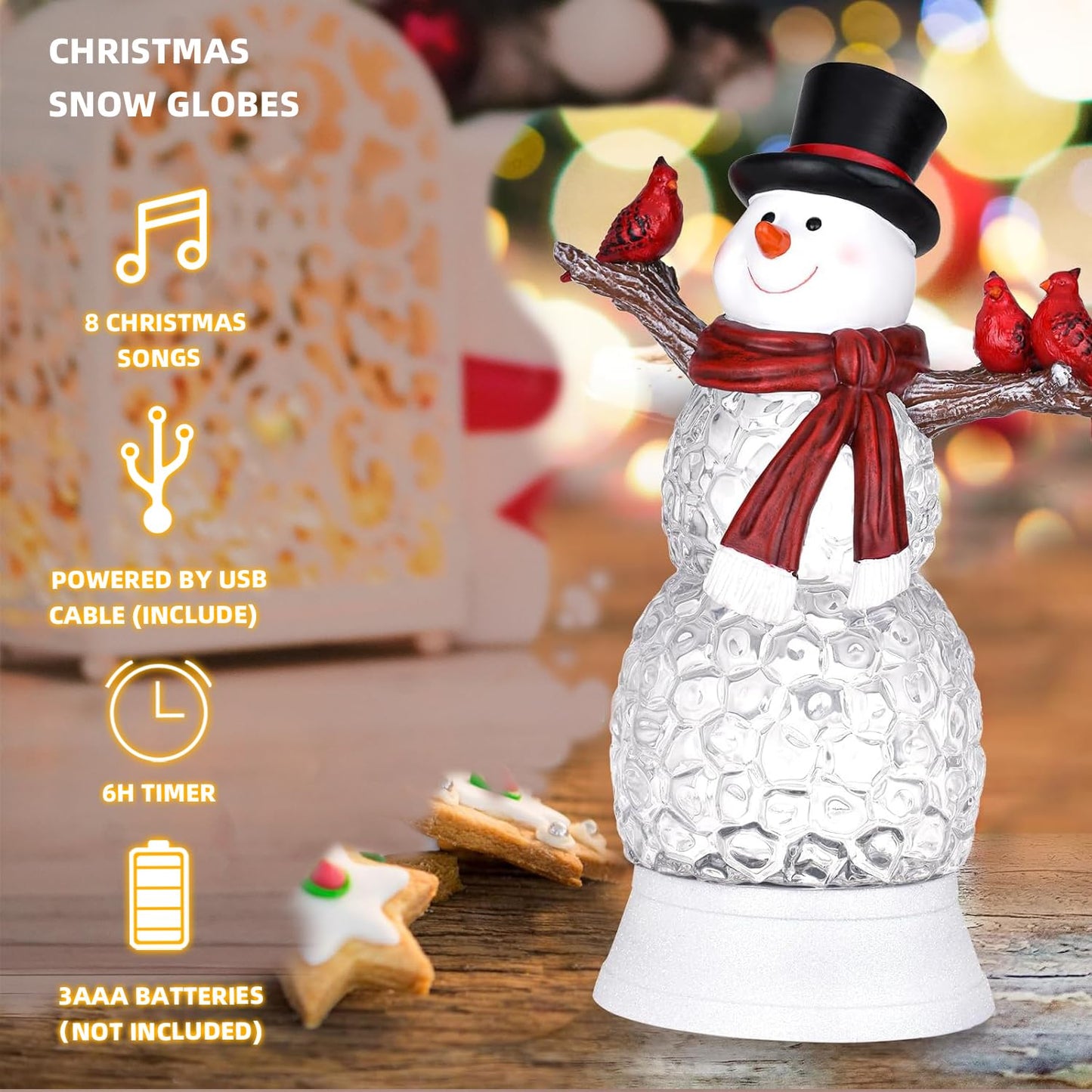 LEYUPEAK Christmas Snowman Snow Globe, Lighted Musical Cardinal Lantern with Glitter, Acrylic Snowman Figurines Holiday Tabletop Decorations Cardinal Gift, USB & Battery Operated, 6h Timer