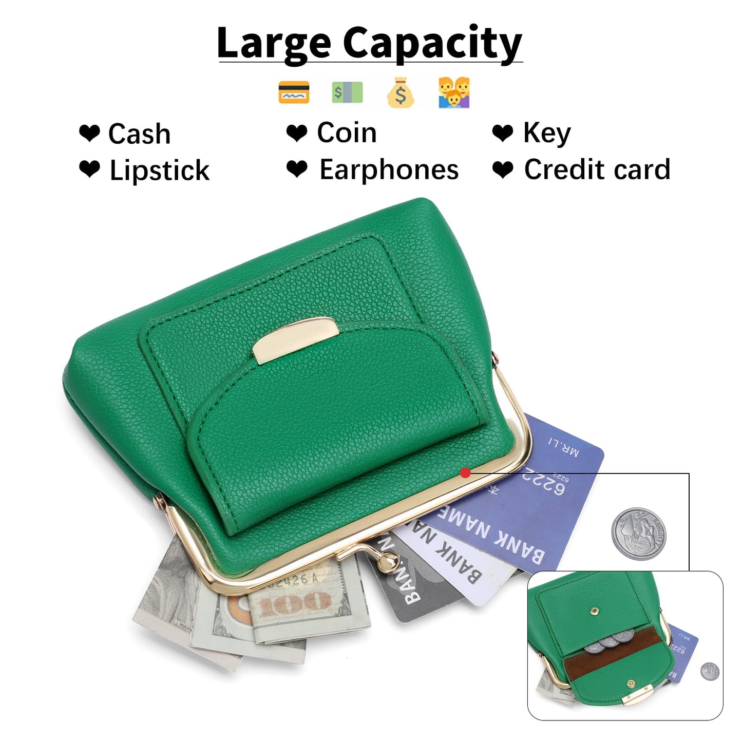 SENDEFN Kiss Lock Coin Purse Pouch for Women Small Change Pocket Wallet with 2 Credit Card Slot