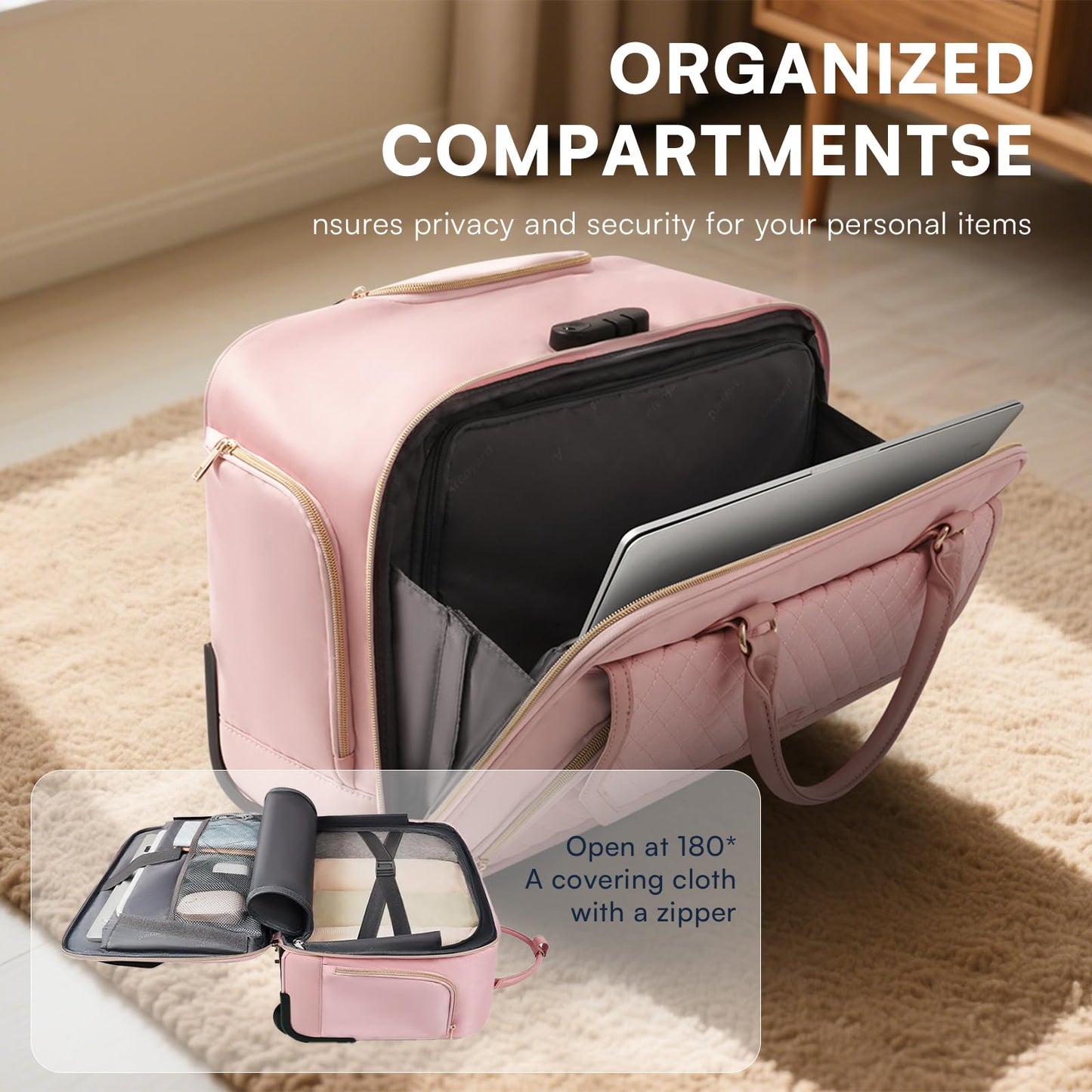 Rolling Laptop Bag Women, Rolling Briefcase for Women for Work, 17 Inch Computer Bag with Wheels, Fashion Flap Laptop Bag With Wheels for Work Business, for Teacher, TSA Friendly Design, Pink