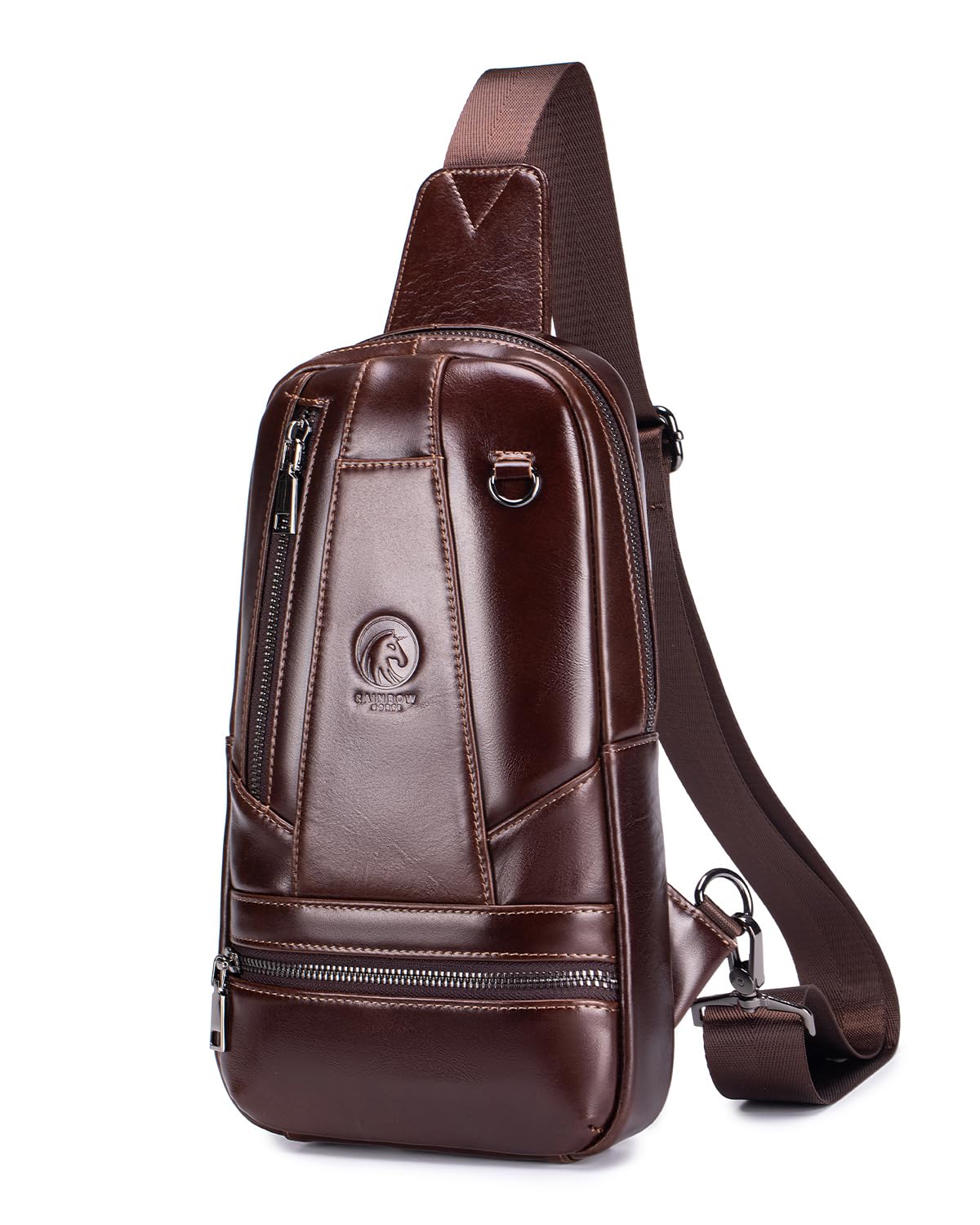 RAINBOW HORSE Genuine Leather Shoulder Bag, Men's Crossbody Chest Bag, Casual Front Pack, Suitable for Travel, Hiking, and Daily Use