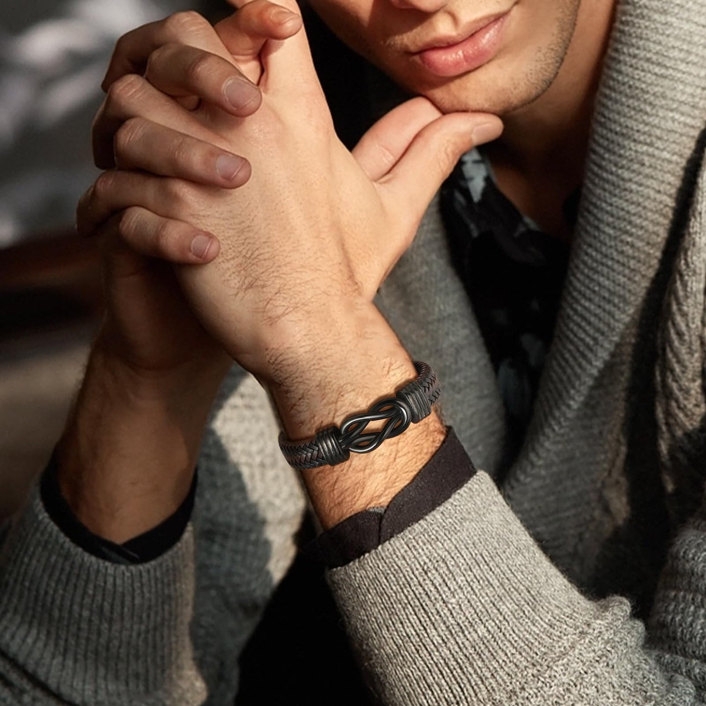 Love Knot Bracelet GIFS for Men - Handmade Braided Leather Bracelets Brown Leather Cuff Infinity Knot for Son Husband Boyfriend,Mens Christmas Birthday Gift