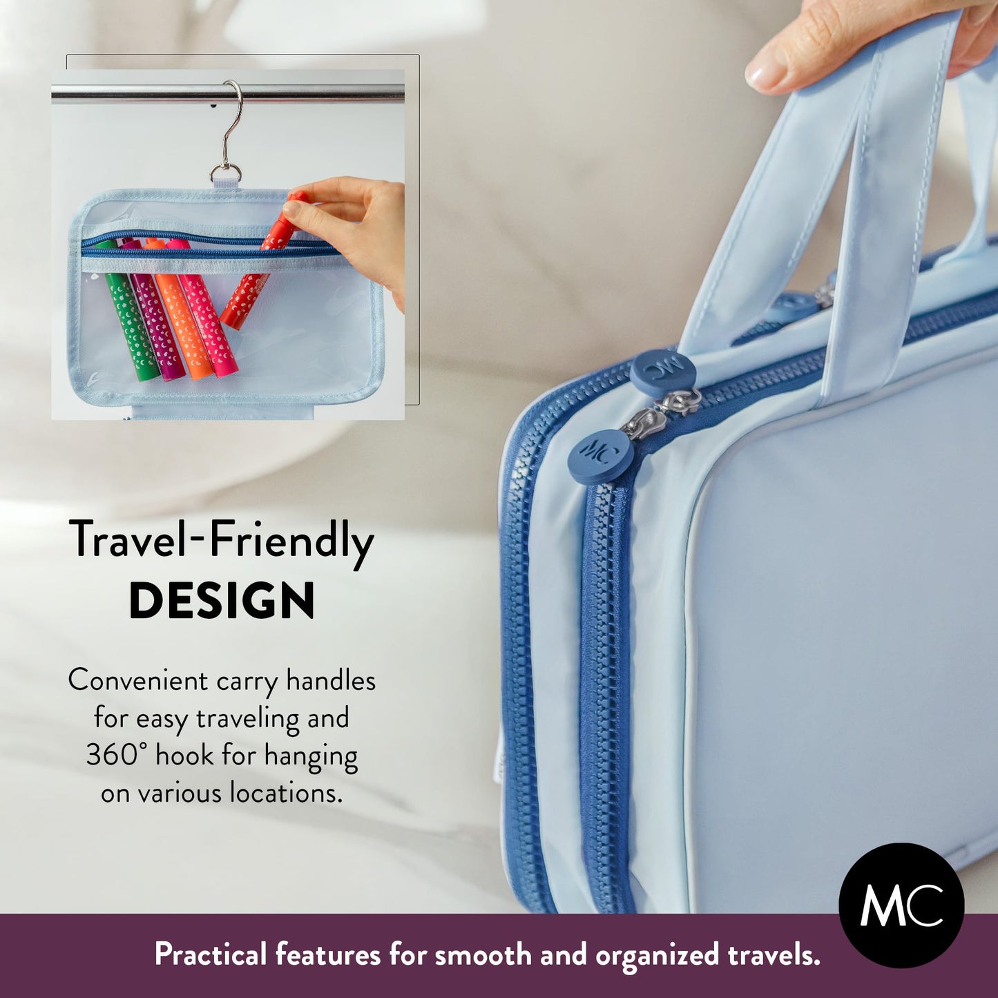 Kids Travel Organizer – Multi-Compartment, Water-Resistant Hanging Bag for Toys, Snacks, & Activities - Compact, Lightweight Design with Hook & Carry Handle - Perfect for Travel Use (Blue, Small)