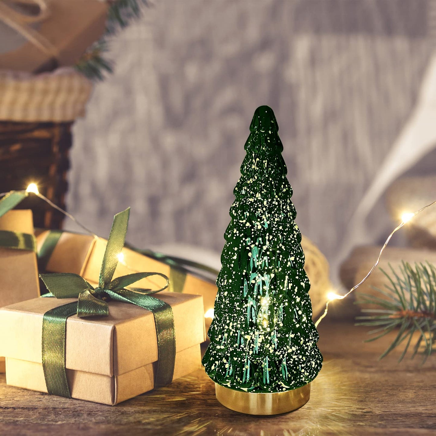 SHMILMH Mercury Glass Christmas Tree Green, Tabletop Christmas Tree with Light, Battery Operated Mini Xmas Tree for Fireplace Centerpiece Decorations 10", Set of 2