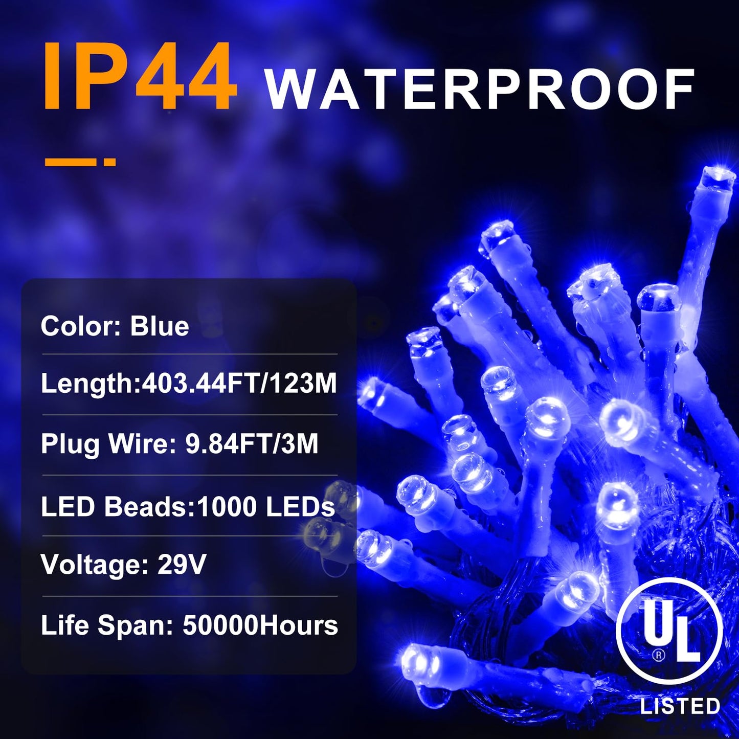 KNONEW 403ft 1000 LED String Lights Outdoor Christmas Light 8 Modes & Timer Fairy Lighting Plug in Waterproof for Xmas Yard Tree Wedding Party Holiday Decorations (Blue)