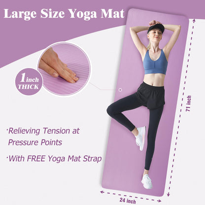 Yoga Mat 1-Inch Extra Thick High-Density Exercise Mat with Non-Slip Surface & Carry Strap for Men & Women Tear-Resistant Pilates Workout Mat for Home Gym, Floor Fitness, Taro Purple