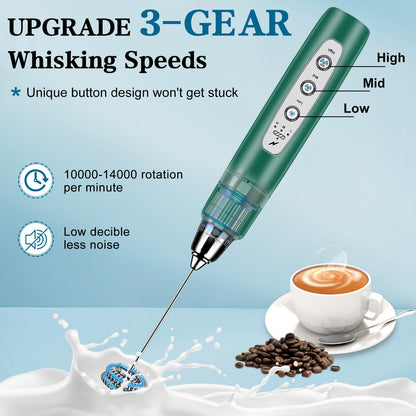 Milk Frother Handheld for Coffee, Electric Whisk 3 Speed Adjustable, Drink Mixer with Stainless 3 Whisks, Rechargeable Hand Frother Wand, Foam Maker for Latte Cappuccino Matcha Egg Silver