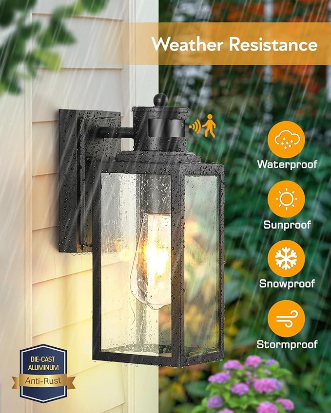VIANIS 2 Pack Motion Sensor Outdoor Wall Lights, Matte Black Outside Lighting Fixtures for House, Exterior Porch Lights Wall Mount Sconce, Waterproof Dusk Dawn Sensor Coach Lanterns Outdoor Wall Lamps