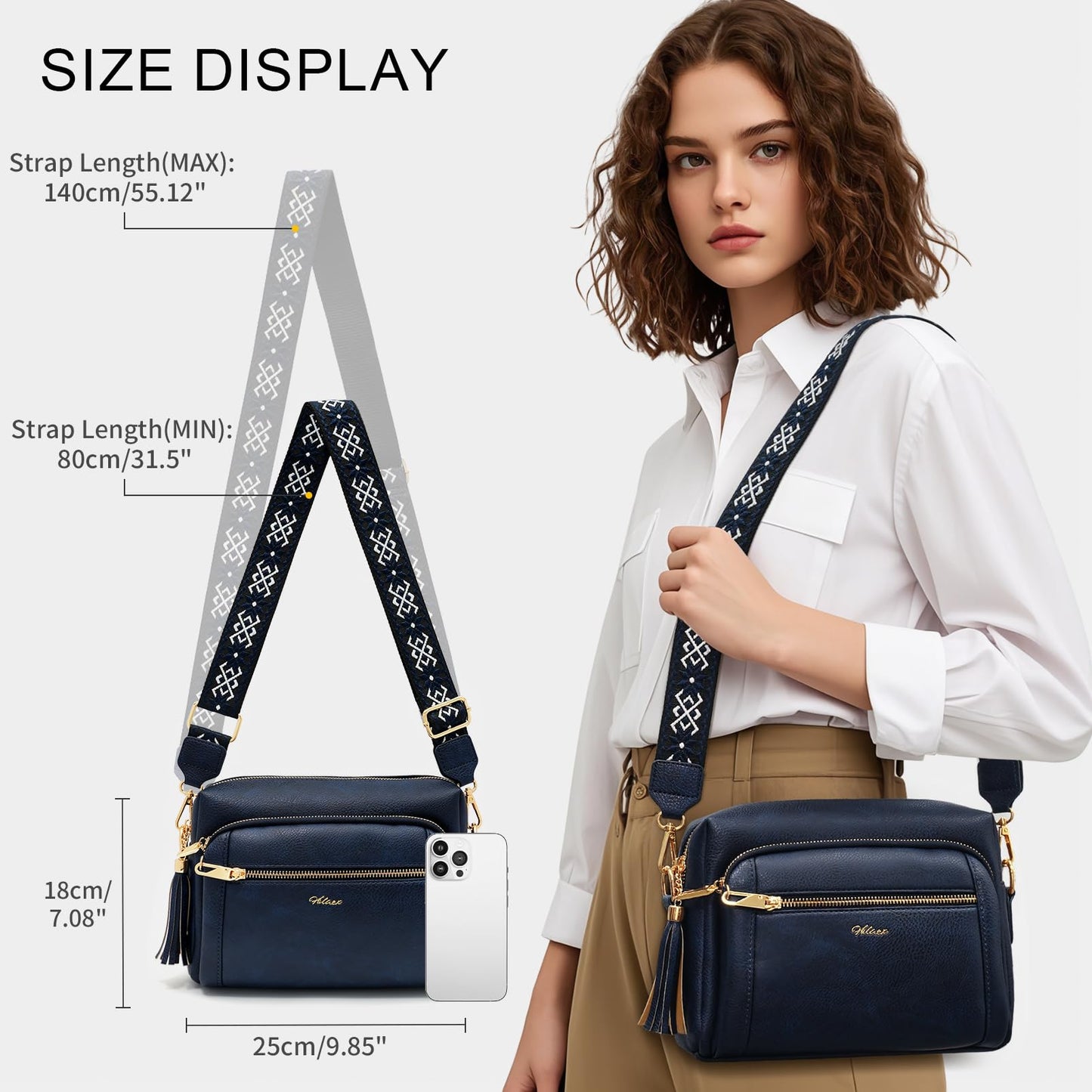 HILAEX Small Leather Crossbody Bags for Women Anti theft Purses and Handbag Shoulder Hangbag with Wide Strap Tassel Navy Blue