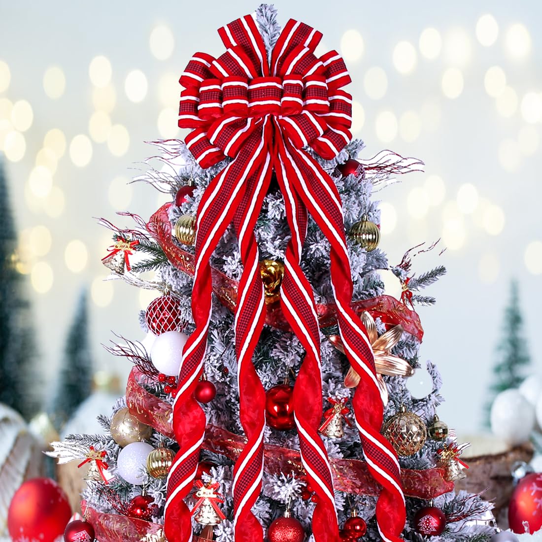 Christmas Tree Topper Bow Large Red Christmas Wreath Bow Tree Topper, Flocking Fabric with White Raw Edge Gift Bows for Xmas Ornament Holiday Home Thanksgiving Indoor/Outdoor Decor 52x13 Inches