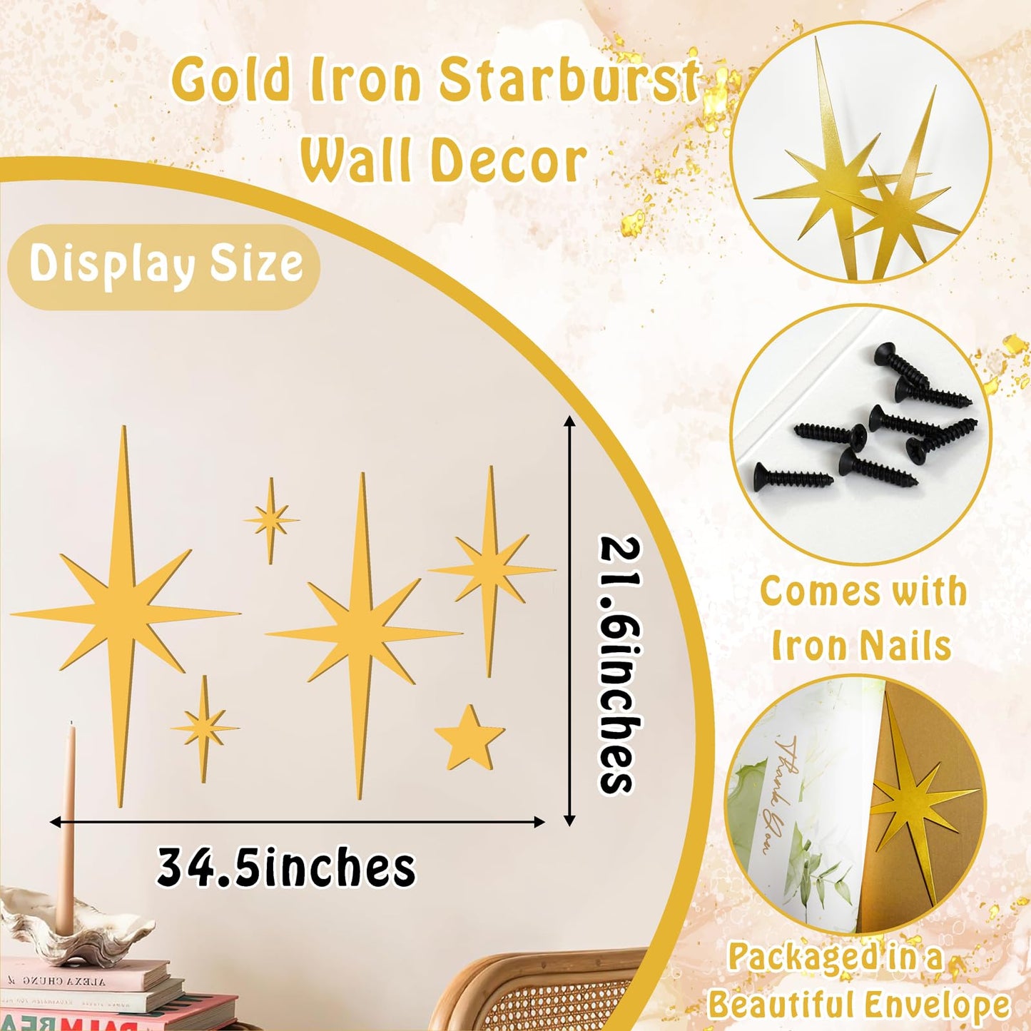 6 PCS Gold Star Wall Decor Iron Starburst Wall Decoration Retro Christmas Stars Art Signs Mid Century Modern Decor for Living Room Star Hangings Sculptures Golden Metal Art for Home Office Bedroom