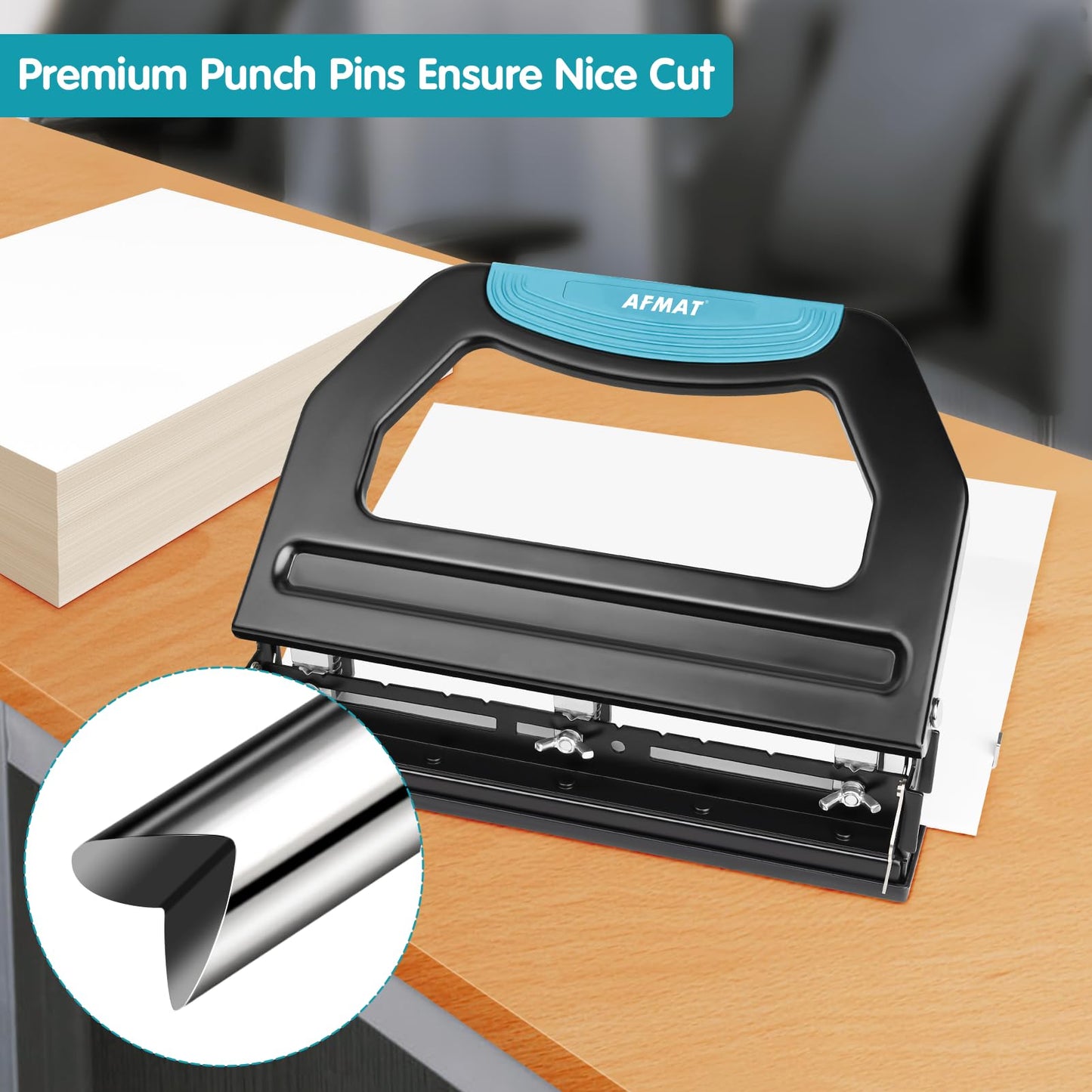AFMAT 3 Hole Punch Heavy Duty, 9/32" Holes, 50-Sheet Hole Puncher 3 Ring, 50% Reduced Effort, Adjustable Two & Three Hole Punch, Metal Paper Puncher w/Large Chip Tray, Metal Paper Guide, Black, HP18