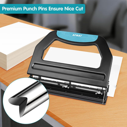 AFMAT 3 Hole Punch Heavy Duty, 9/32" Holes, 50-Sheet Hole Puncher 3 Ring, 50% Reduced Effort, Adjustable Two & Three Hole Punch, Metal Paper Puncher w/Large Chip Tray, Metal Paper Guide, Black, HP18