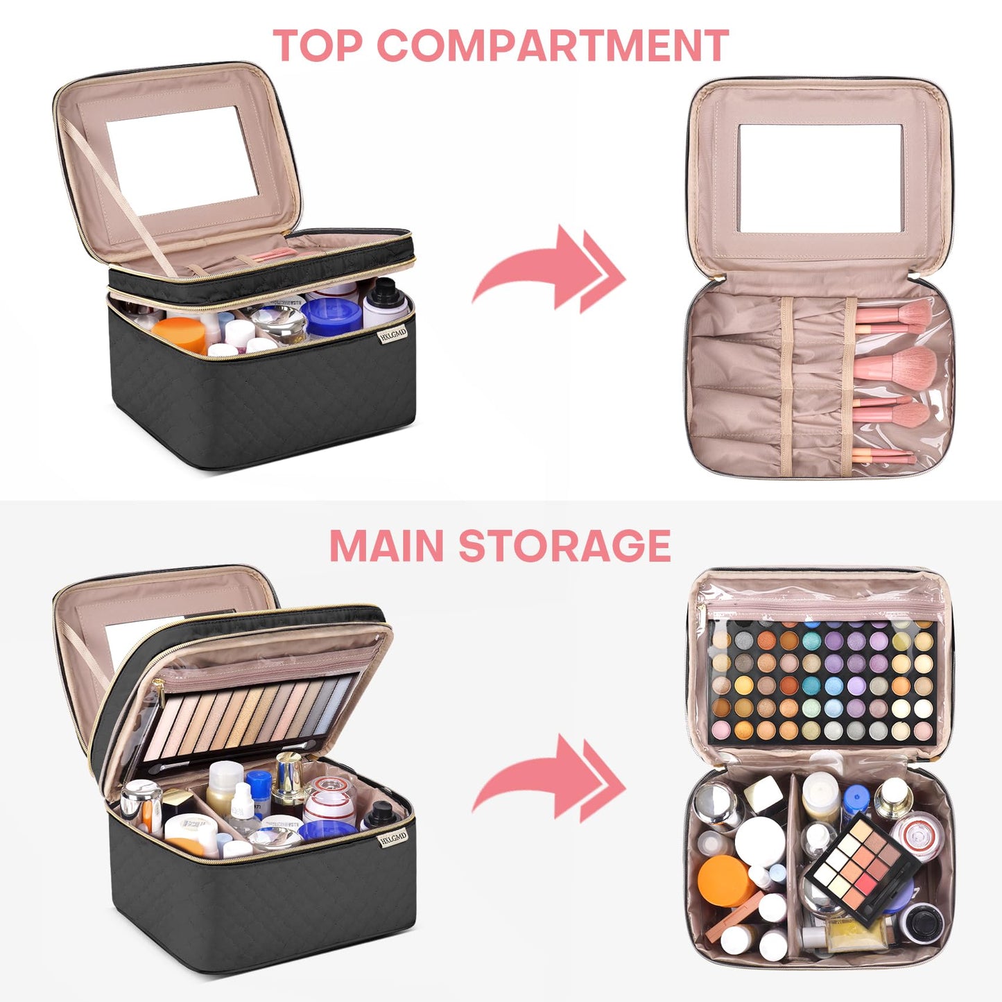 HXLGMD Double Layer Travel Makeup Bag Women, Cosmetic Organizer Case, Travel Essentials Accessories with Shoulder Strap for Bottles, Brushes, Conditioner, Skin Care Products, Black