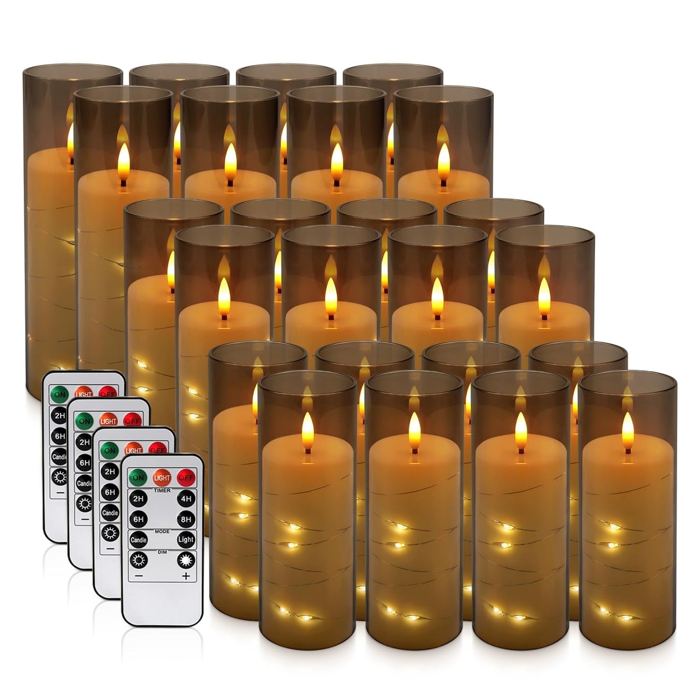 24 Pack Flameless LED Pillar Candles with Remote & Timer, Flickering Battery Operated Candles with Embedded Starry Lights, 3-Sizes Gray Acrylic Decorative Candles for Wedding, Home, Party Decor