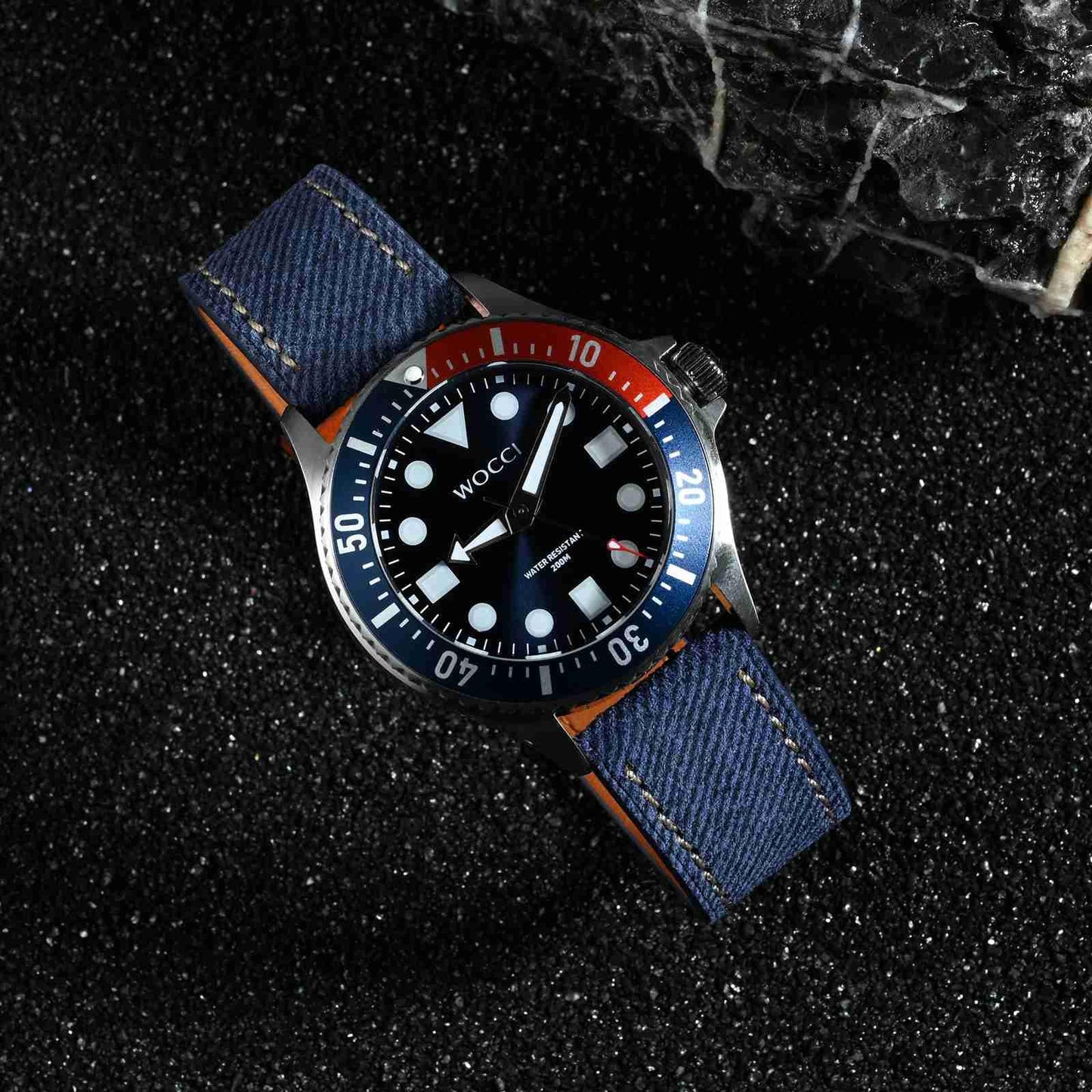 WOCCI 20mm Watch Band, Italian Leather, Denim Pattern, Golden Buckle (Denim Blue)