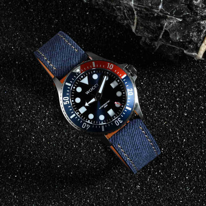 WOCCI 20mm Watch Band, Italian Leather, Denim Pattern, Golden Buckle (Denim Blue)