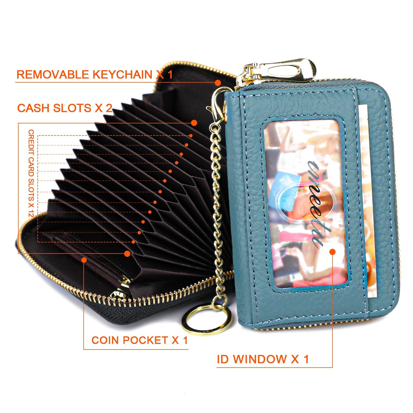 imeetu RFID Credit Card Holder, Small Leather Zipper Card Case Wallet with Keychain and ID Window for Women (Pro,Peacock Blue)