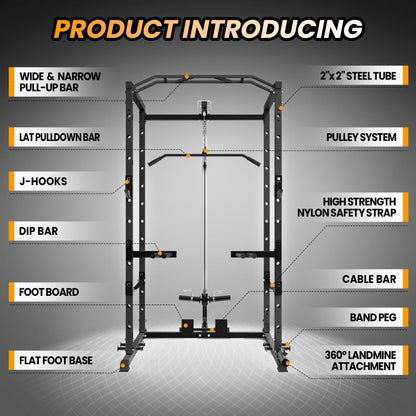 Power Cage with LAT Pulldown Machine - Squat Rack for Home Gym, Multi-Functional Weight Cage with Cable Pulley System, Dip Bars & Landmine Attachment