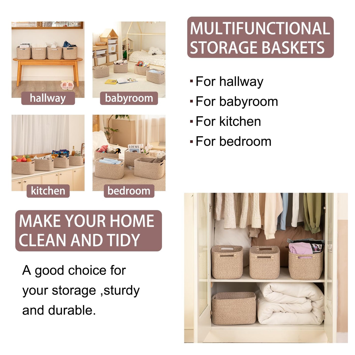 OIAHOMY 4 Pack Storage Baskets for Organizing, Cube Storage Bins for Shelves, Rectangle Storage Baskets With Handles, Woven Baskets for Storage, 12.7''Lx9''Wx7.8''H, Mixed Brown