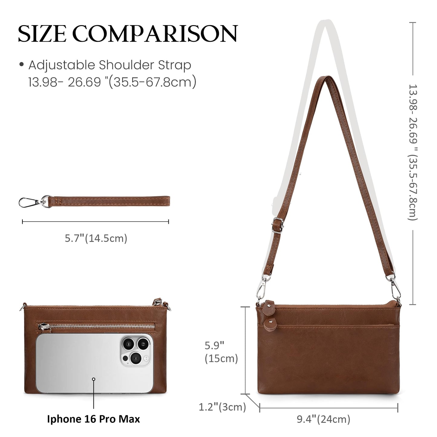 befen Leather Wristlet Wallets for Women, RFID Blocking Small Crossbody Bags, Women Leather Purses Handbags Shoulder Bag Trendy Clutch Purse with Adjustable Shoulder Strap and Wrist Strap, Brown