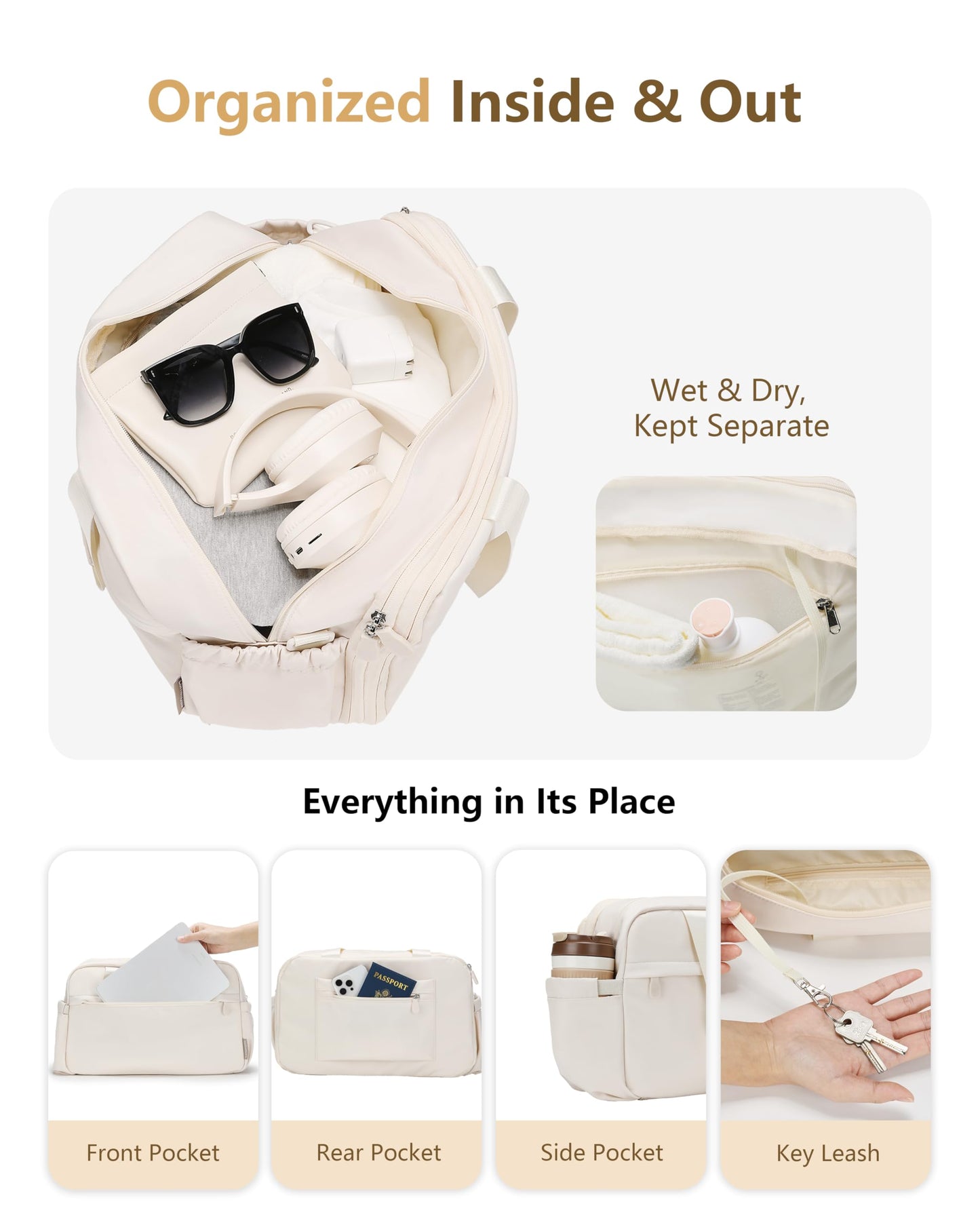 Expandable Duffle Bag for Travel, Carry On Luggage & Gym Bag for Women & Men, Small Personal Item Travel Bag, Overnight Weekender & Tote for Airplane Essentials (Beige)