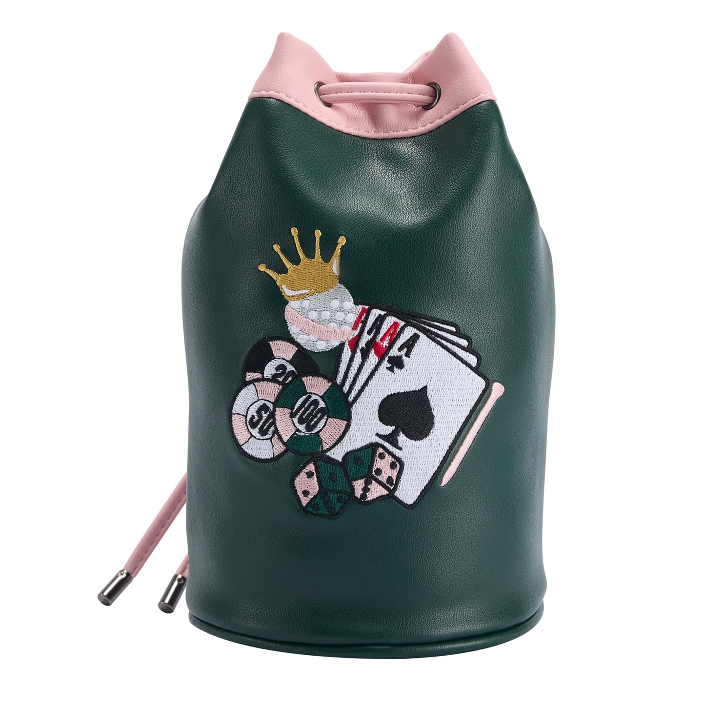 CROWNBLANKS PINKTEE Golf Valuables Pouch Leather Golf Tee/Ball Bag with Drawstrings Bucket Waist Design, Golf Accessories Organizer for Women Men(CASINO QUEEN)