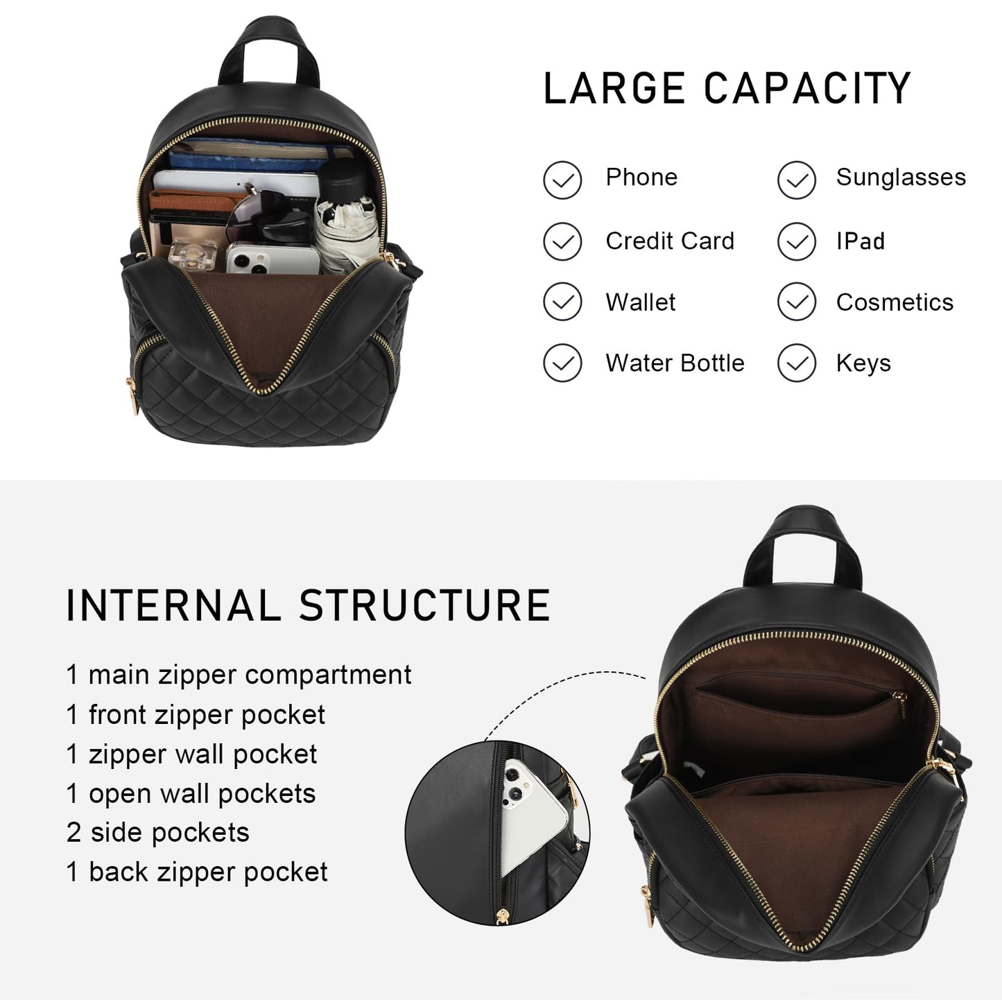 KL928 Quilted Mini Backpack for Women, PU Leather Backpack Purse Designer Satchel Bag, Small Casual Daypack for Ladies