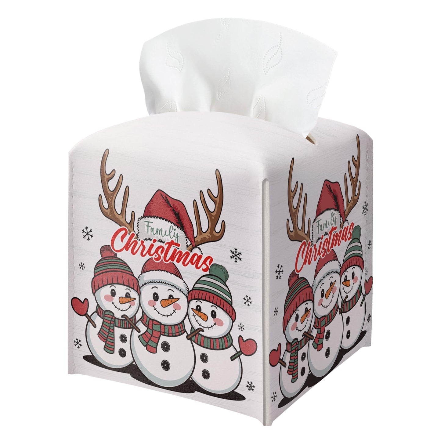 Christmas Snowman Tissue Box Holder, First Christmas as A Family of Three Leather Tissue Box Cover Square, Paper Facial Decorative Tissues Cover for Night Stands Bathroom Office Home Decor-B02