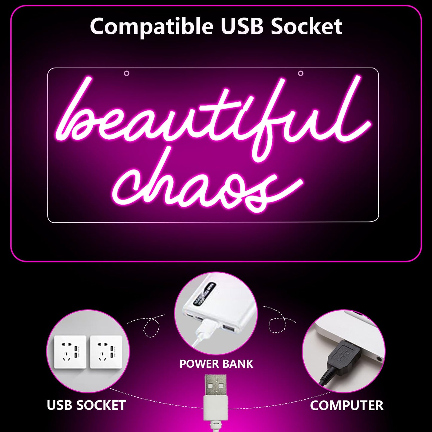Beautiful Chaos Sign, Beautiful Chaos Led Neon Light Signs for Wall Decor Bedroom Home Bar Birthday Bachelorette Party Café Salon Wall Art Christmas Gift Dimmable USB Powered(16.9" × 7.9")