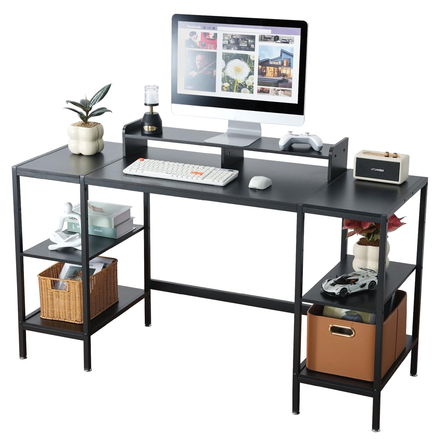 MINOSYS Computer Desk 55-inch with Storage Shelf - Black Ideal Gaming Desk for Bedrooms, Small Spaces, and Home Offices Modern Writing Desk for PCs.