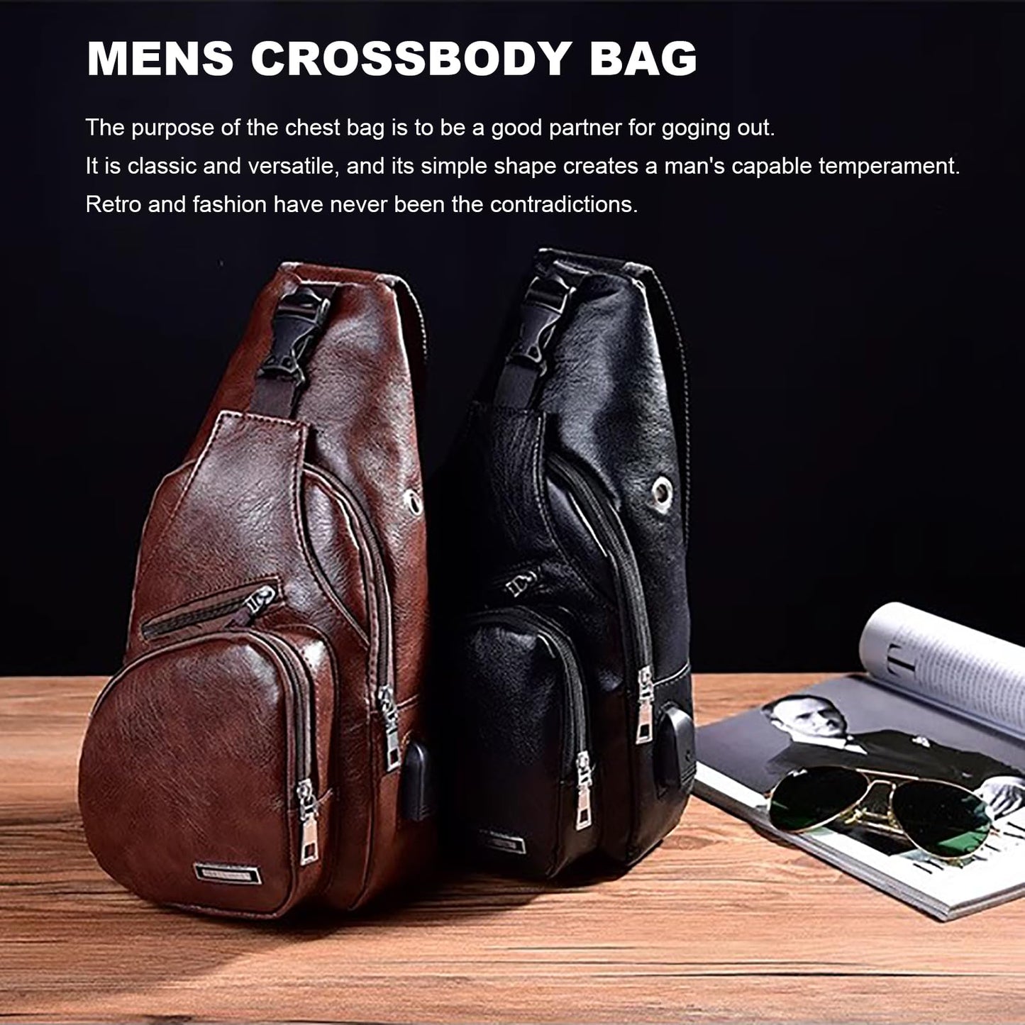 Peicees Leather Sling Bag Mens Crossbody Chest Bag Sling Backpack with USB Charge Port