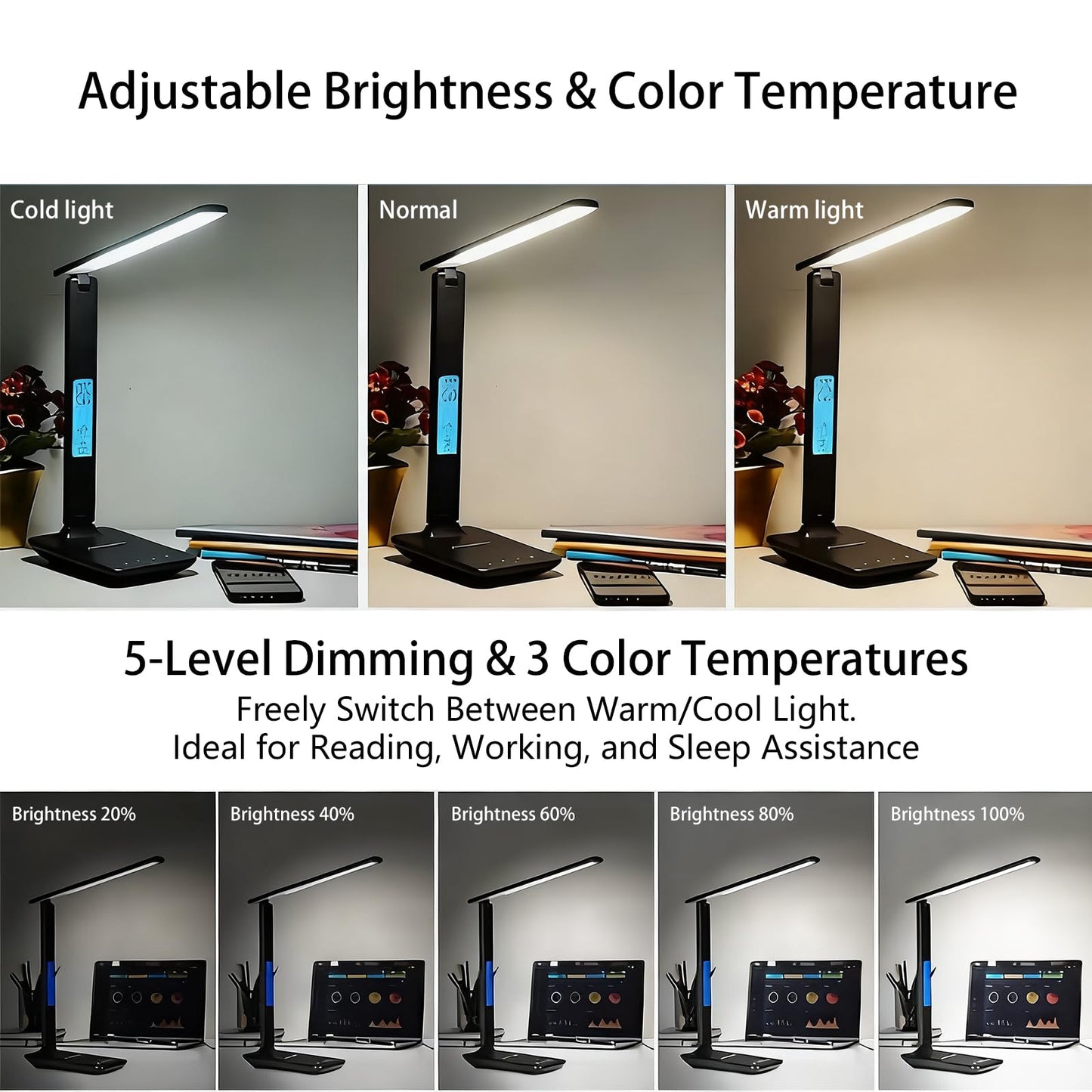 M-Xeotei LED Desk Lamp with 10W Wireless Charger & USB Port, Eye-Caring Dimmable Touch Control Lamp with Clock Display, Adjustable Foldable Arm, 5 Brightness & 3 Color Modes for Home Office Study