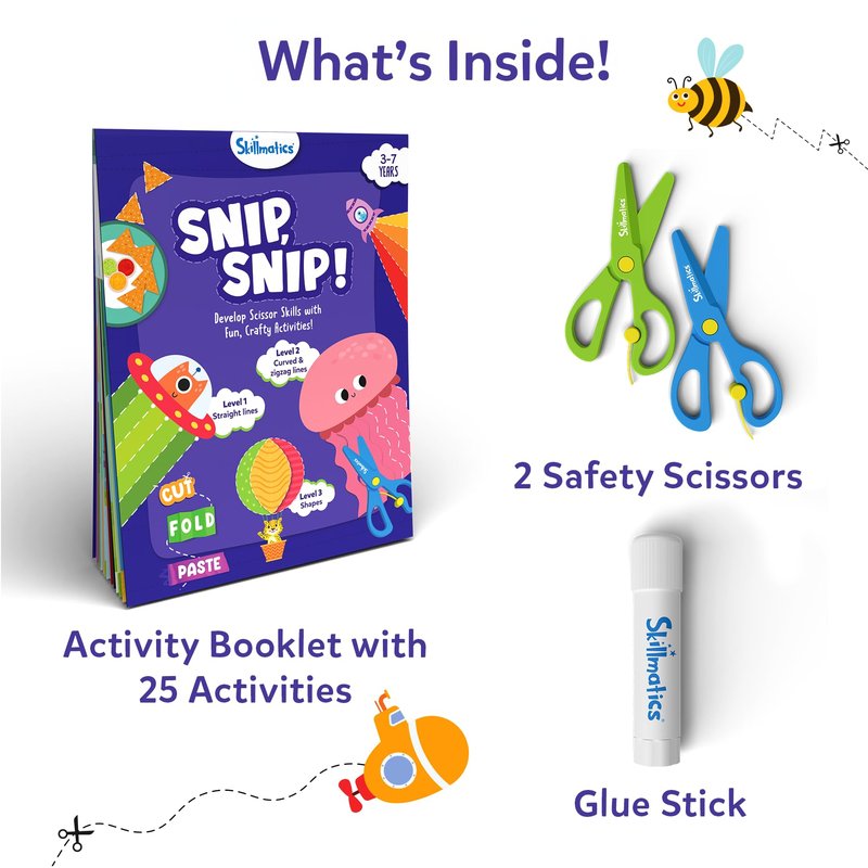 Skillmatics Scissor Skills Activity Book - Snip Snip, 25 Cutting Activities for Preschoolers, Felt Craft Kit, 2 Child-Safe Scissors, Fine Motor Skills, Screen-Free Fun, Gifts for Kids Ages 3-7