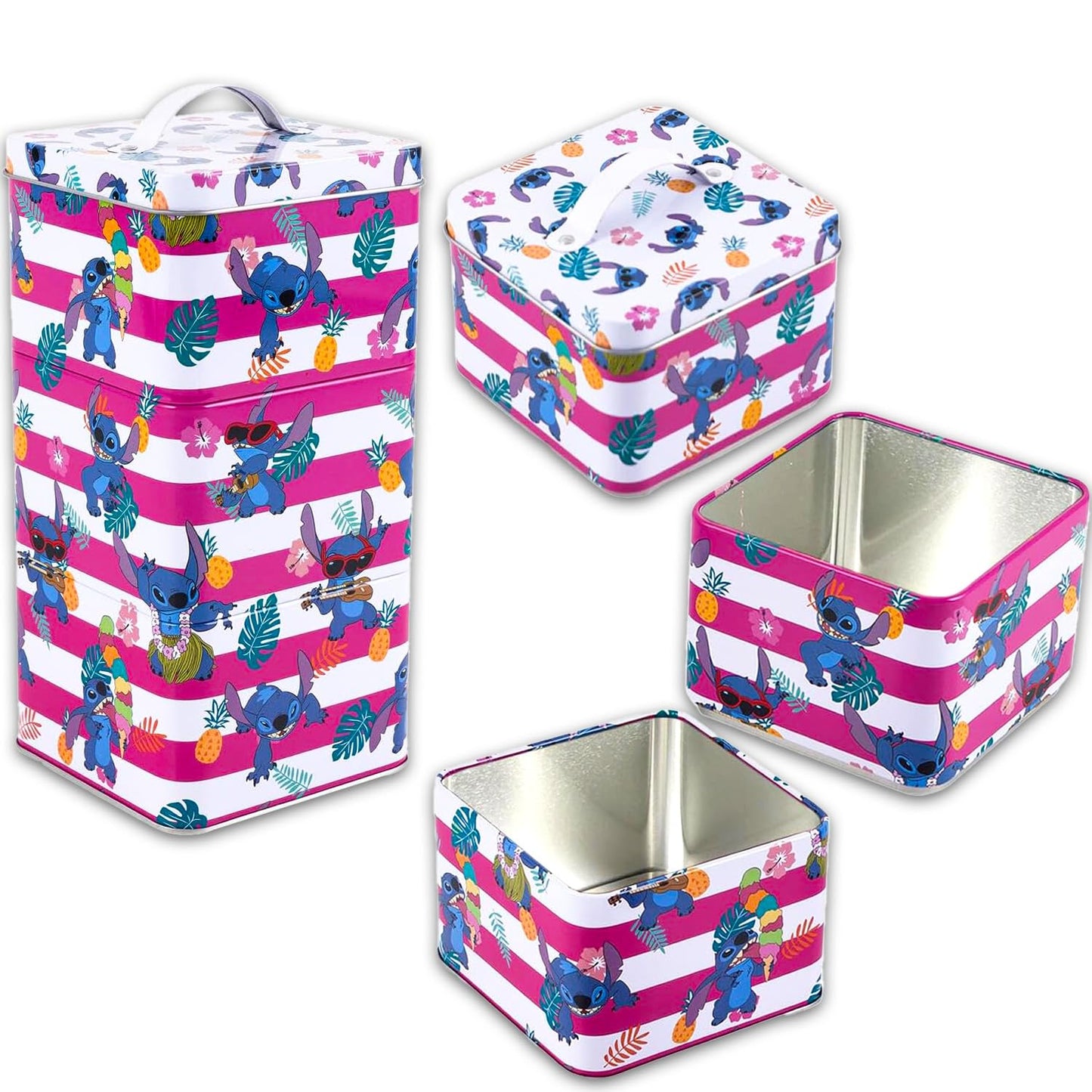 Disney Lilo & Stitch Pink Stack Store And Carry Stackable Tin Box Set - Bundle of Disney 3 Stack Storage Containers and Stickers | Stitch Canisters for Storage