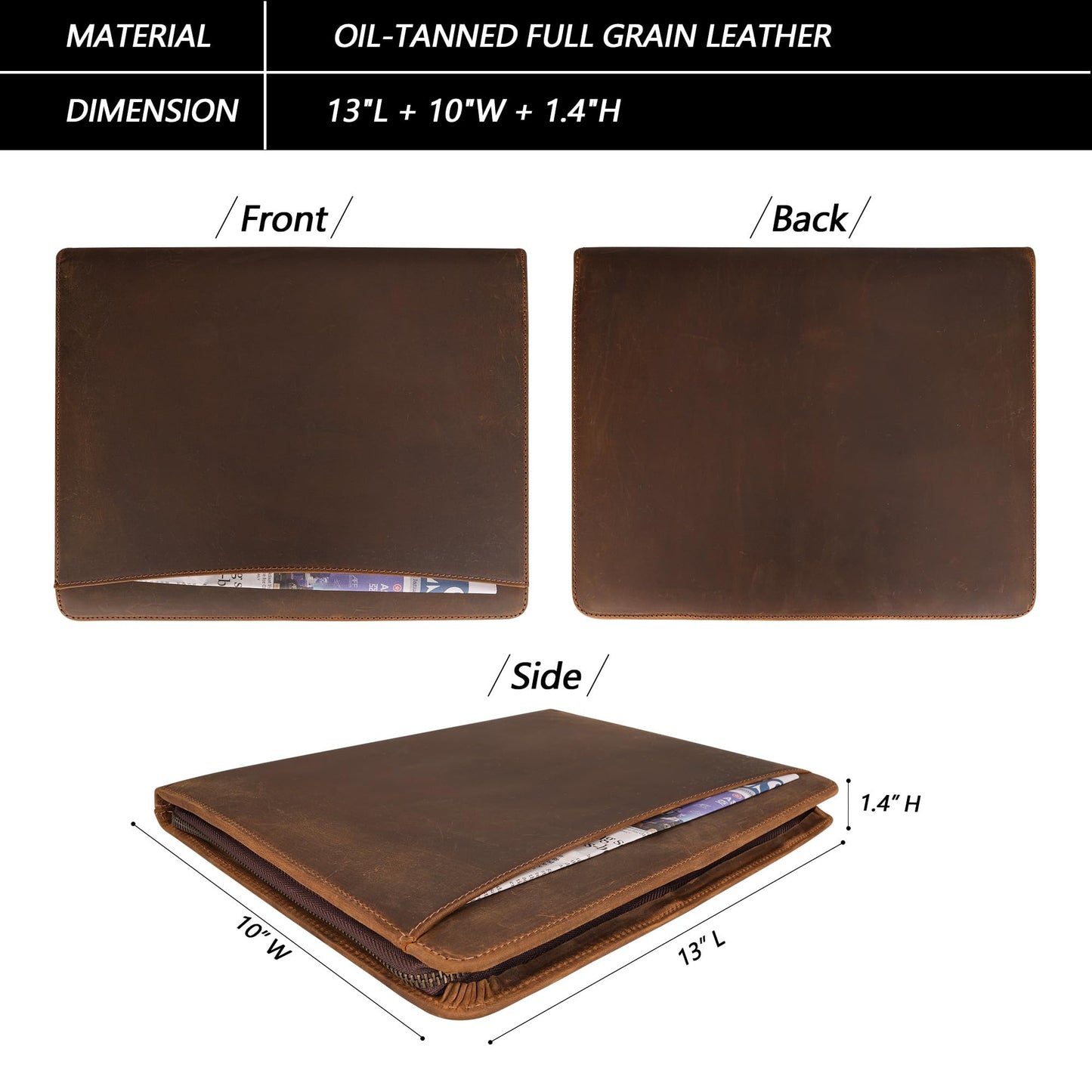 Full Grain Leather Portfolio with Zipper, Professional Business Organizer for Men Women, Executive Resume Folder with A4 Notepad Holder, Card Slots, Pen Loop, 10x13'', Luxury Gift Set
