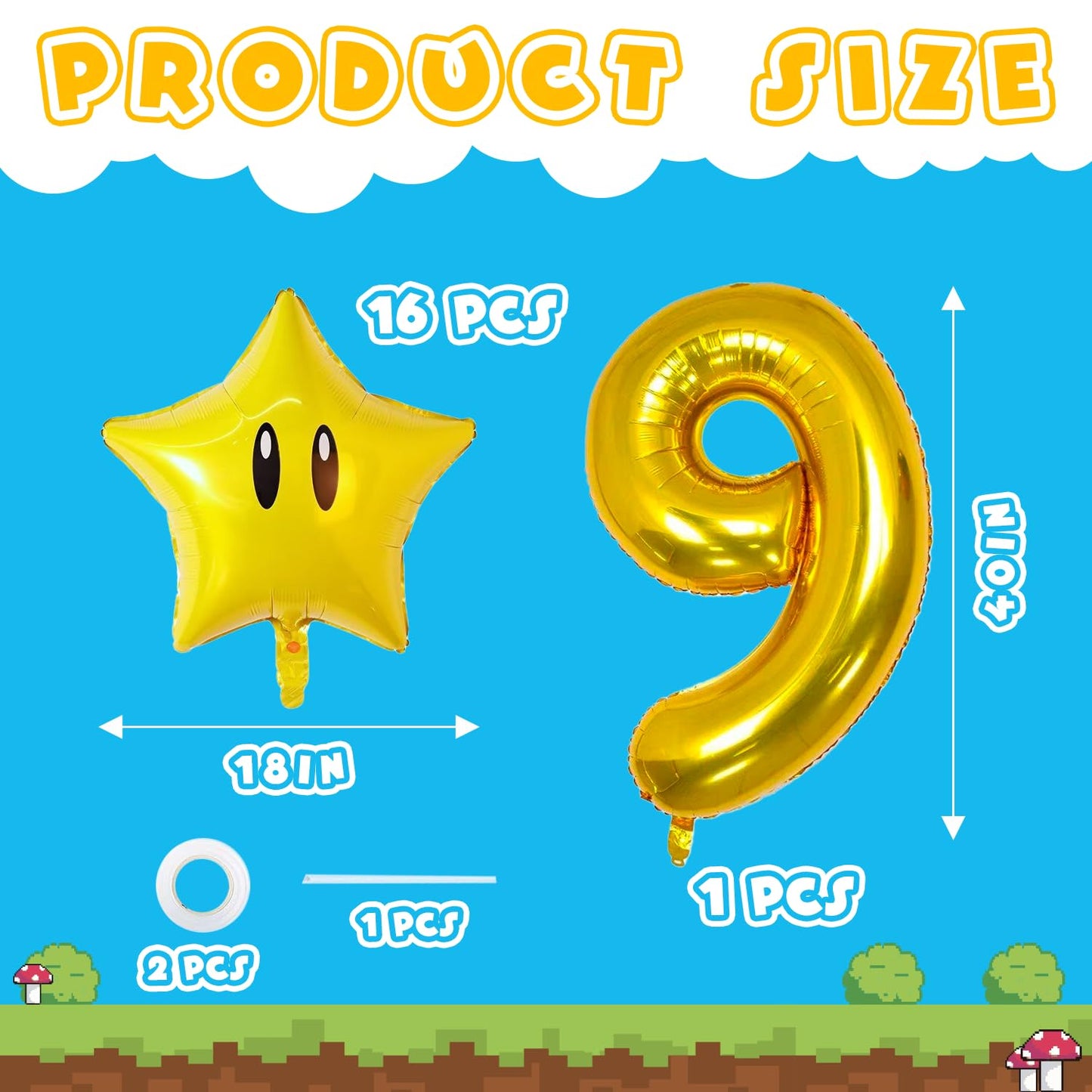 16PCS Foil Star Balloons, 40Inch Number 9 and Star Foil Balloons For Game Theme 9th Birthday Party Decorations Children Party Supply Party Decor （9th）