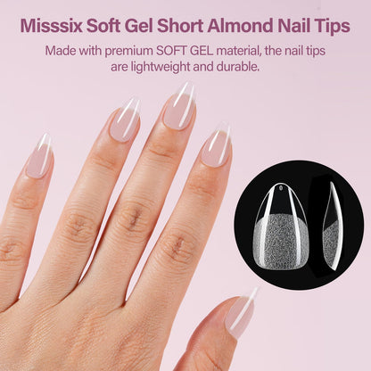 Misssix Short Almond Gel Nail Tips Kit, 216Pcs Pre Etched Clear Fake Nails, Full Cover False Nail 9-in-1 Gel Glue and Portable Mini U V Nail Lamp for Women 12 Sizes