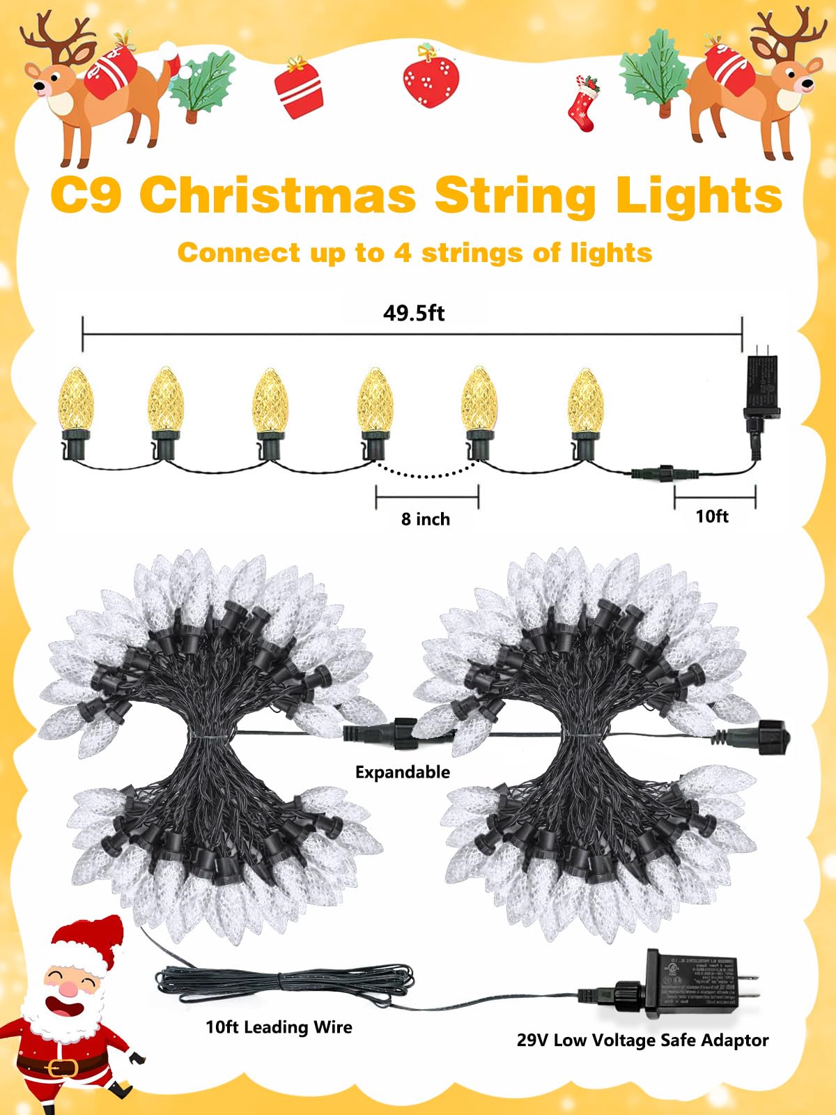 2 Pack 66FT 100LED Extendable C9 Christmas Lights Outdoor/Indoor, Waterproof Christmas String Lights Plug in, Green Wire LED Fairy Lights for Xmas Tree Garden Patio Wedding Party Decor (Warm White )