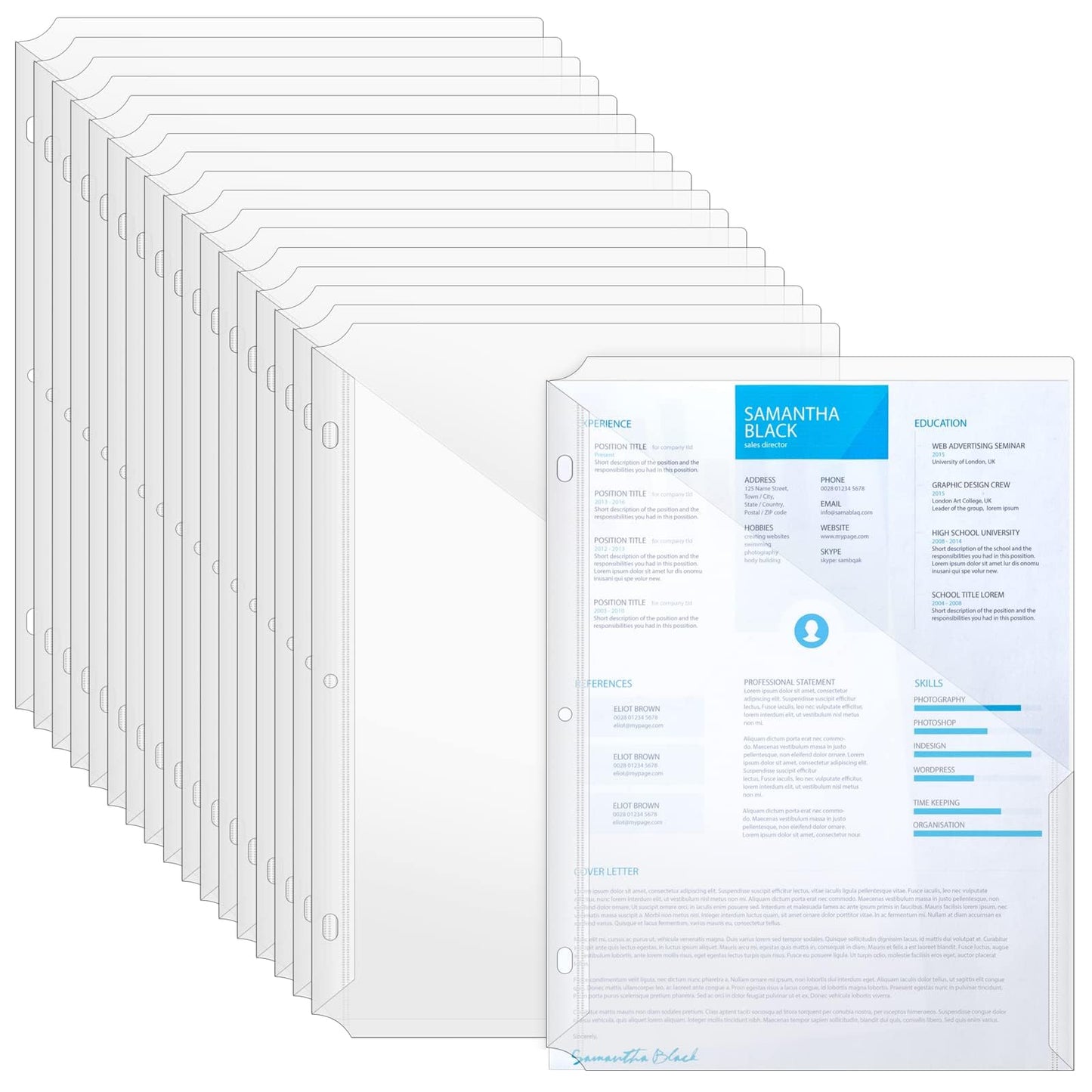 OEBSR 30Pack 3 Hole Punch Clear Plastic Document Folders,Organized Up Poly Translucent Slash Slash File Jacket US Letter/ A4 Size 18C(1.8mm),L-Tape Transparent Document Folders Copy Safe Pockets